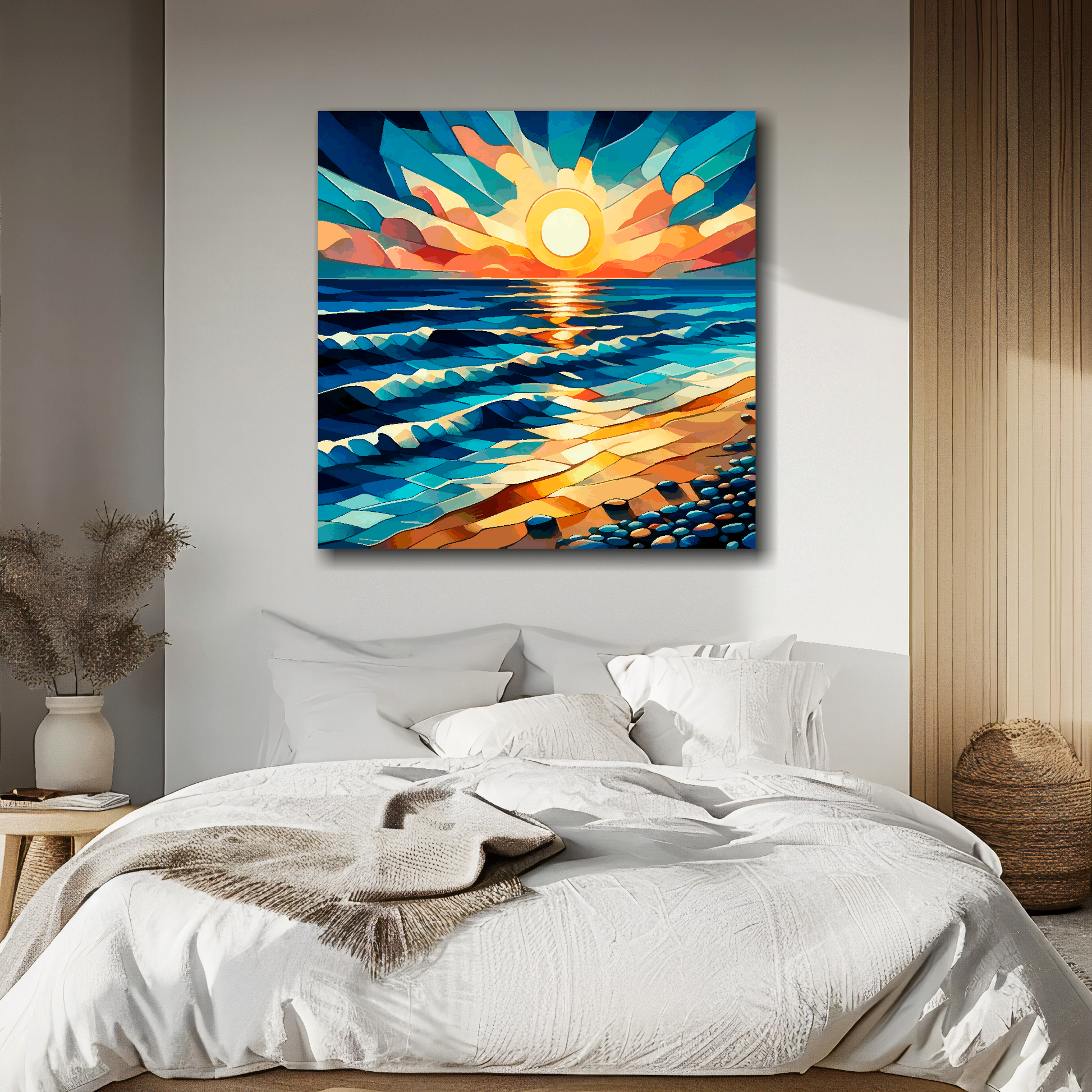 Large canvas wall art - Vibrant abstract cubism sunset beach scene, moody vibes, Available in 3 large sizes.