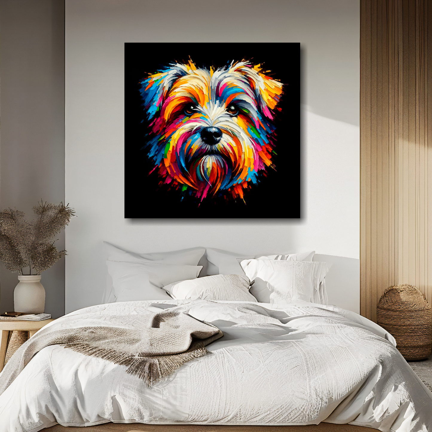XL square canvas featuring a multi-coloured Dandie Dinmont Terrier portrait. Mounted on a white wall above a double bed.
