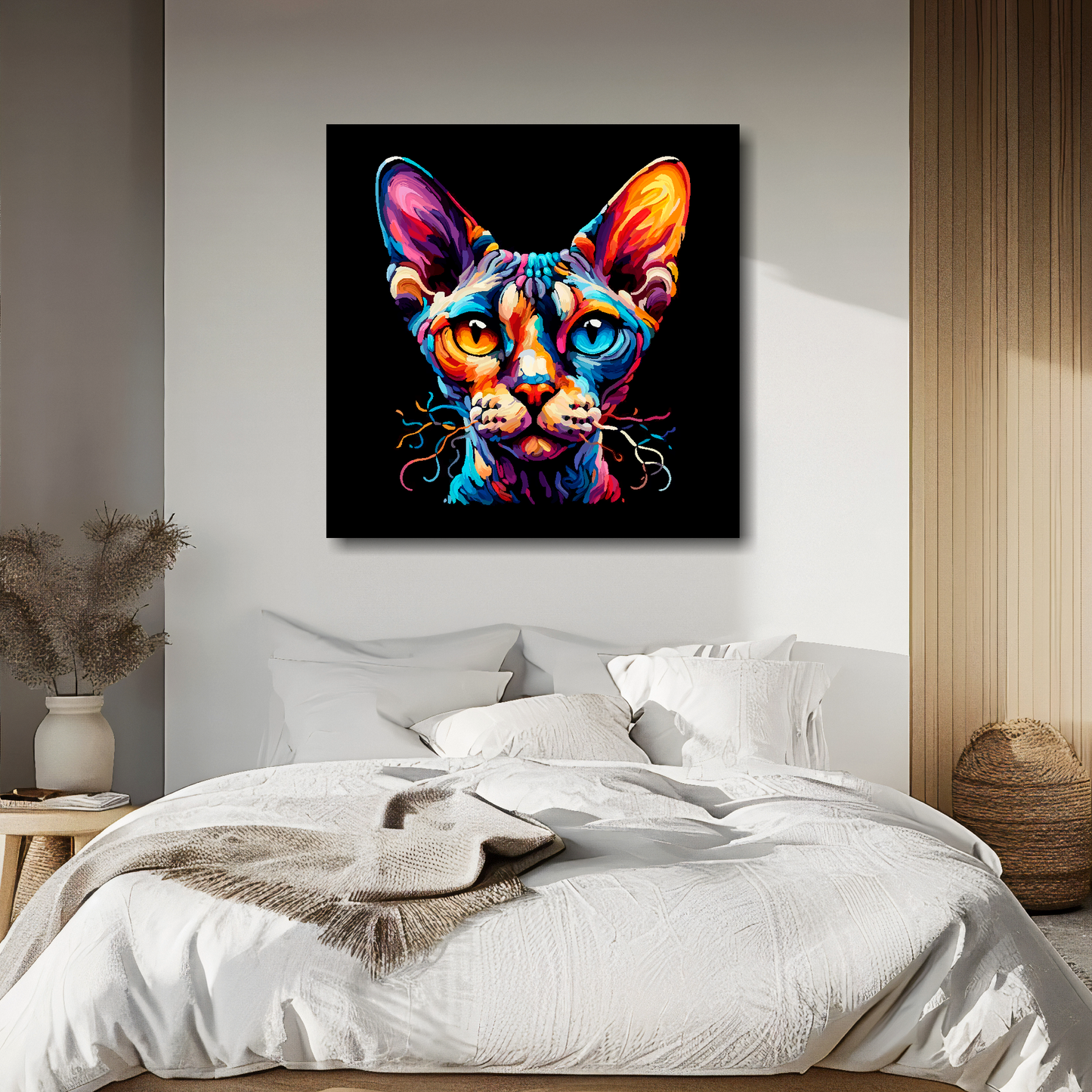 Large canvas wall art - A vibrant multi-coloured head portrait of a Devon Rex Cat. Available in 3 large sizes.