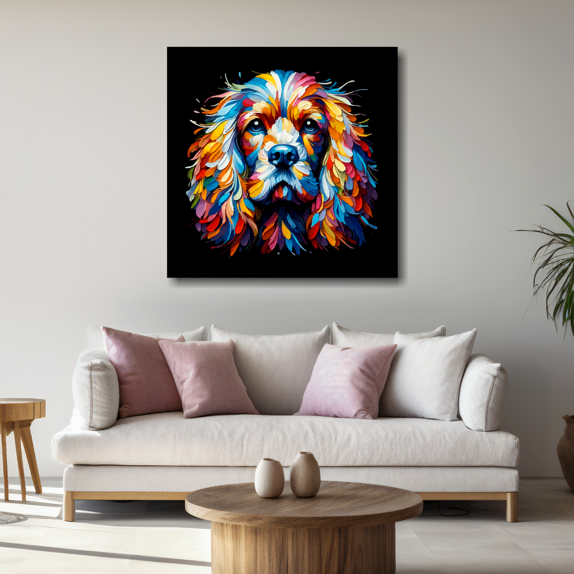 Large canvas wall art - A vibrant multi-coloured head portrait of a English Cocker Spaniel. Available in 3 large sizes.