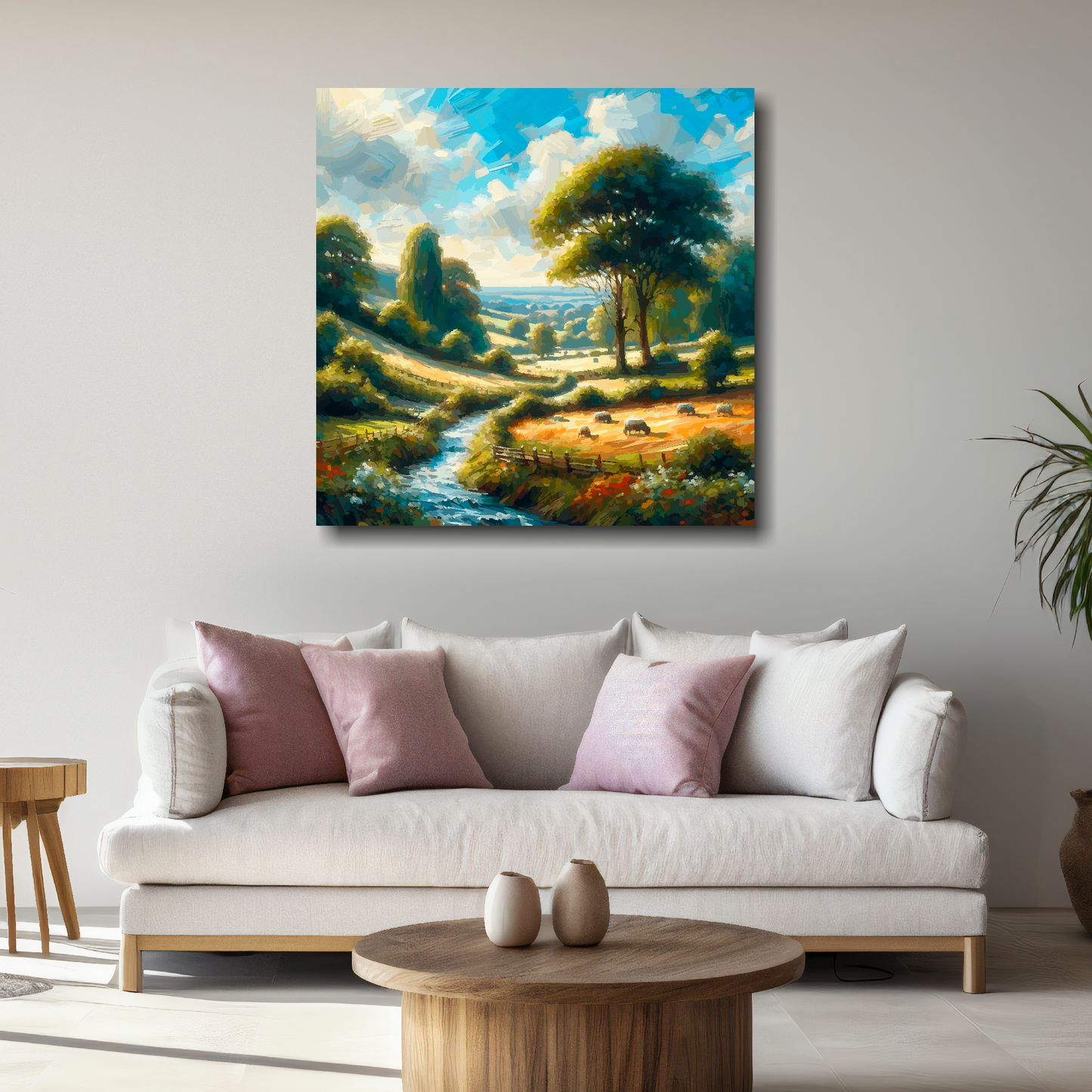Large canvas wall art - Colourful Abstract of a English Countryside landscape, bold  and vibrant colours. Available in 3 large sizes.
