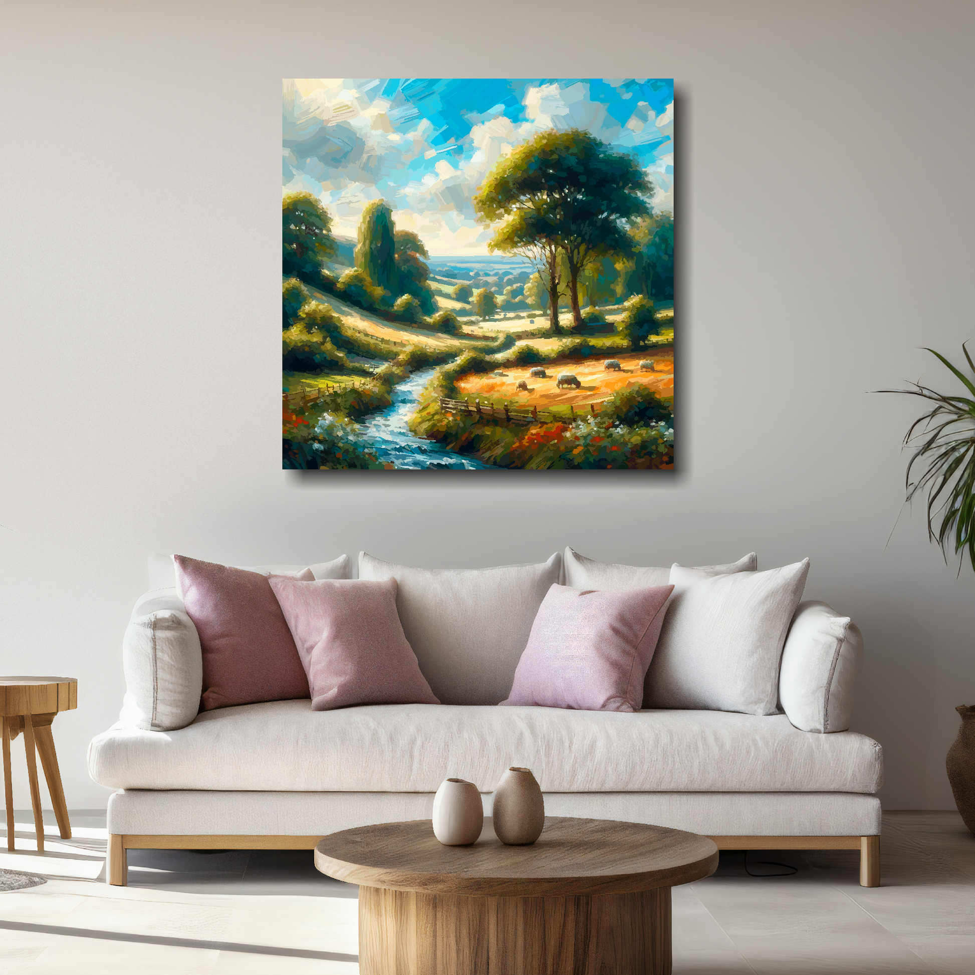 Large canvas wall art - Colourful Abstract of a English Countryside landscape, bold  and vibrant colours. Available in 3 large sizes.