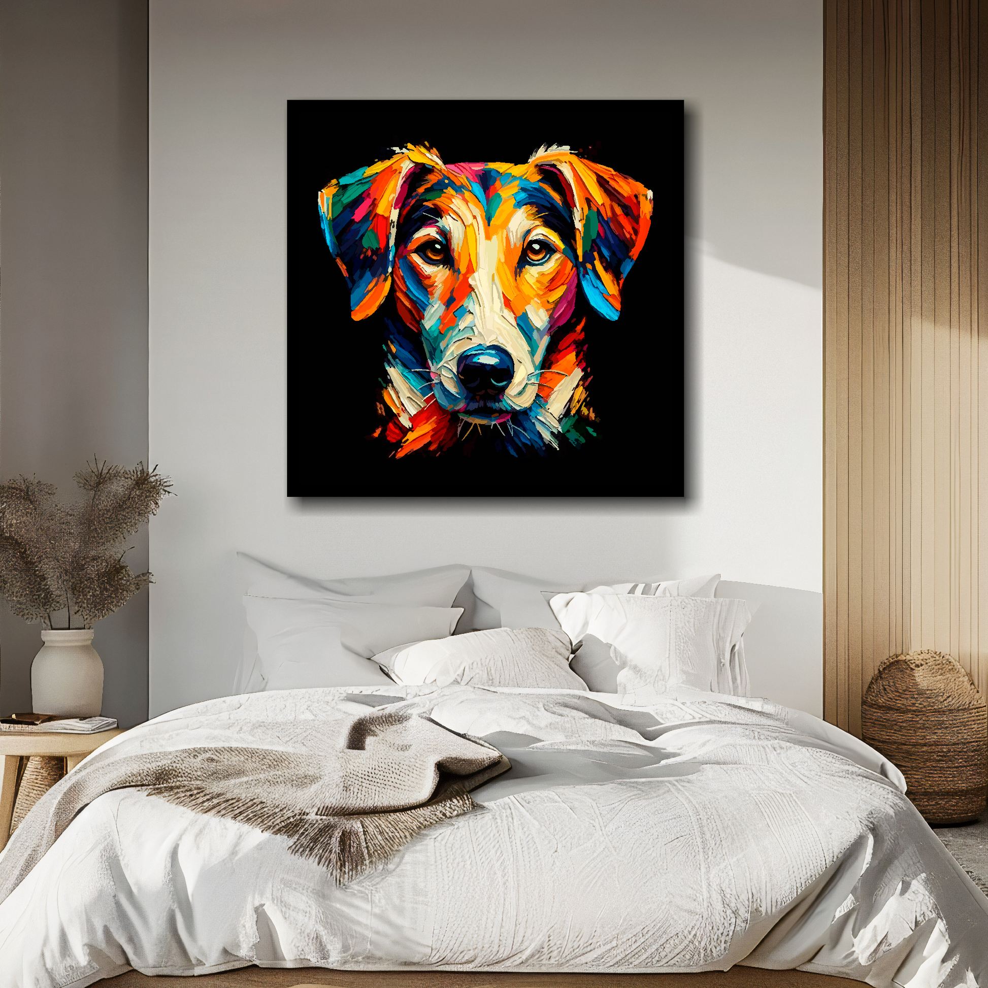 Large canvas wall art - A vibrant multi-coloured head portrait of a English Foxhound. Available in 3 large sizes.
