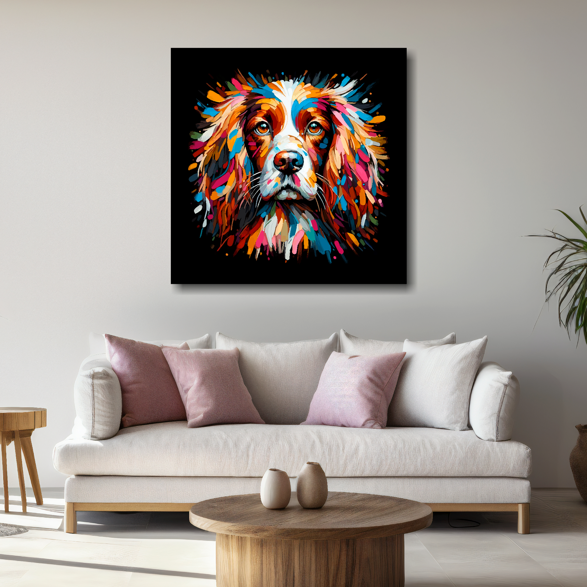Large canvas wall art - A vibrant multi-coloured head portrait of a English Springer Spaniel. Available in 3 large sizes.