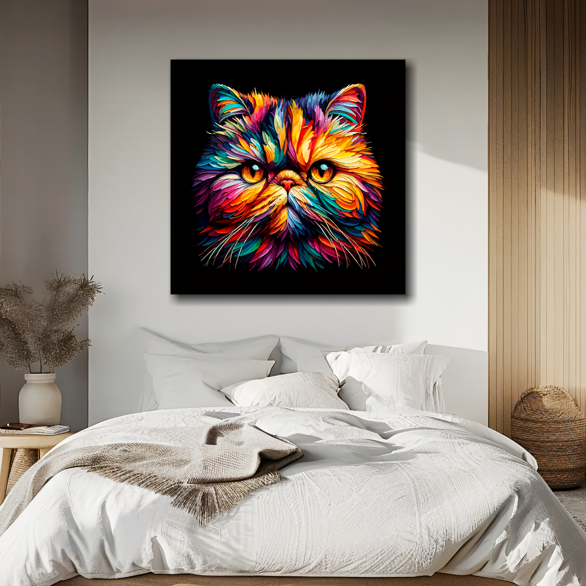 Large canvas wall art - A vibrant multi-coloured head portrait of a Exotic Shorthair Cat. Available in 3 large sizes.
