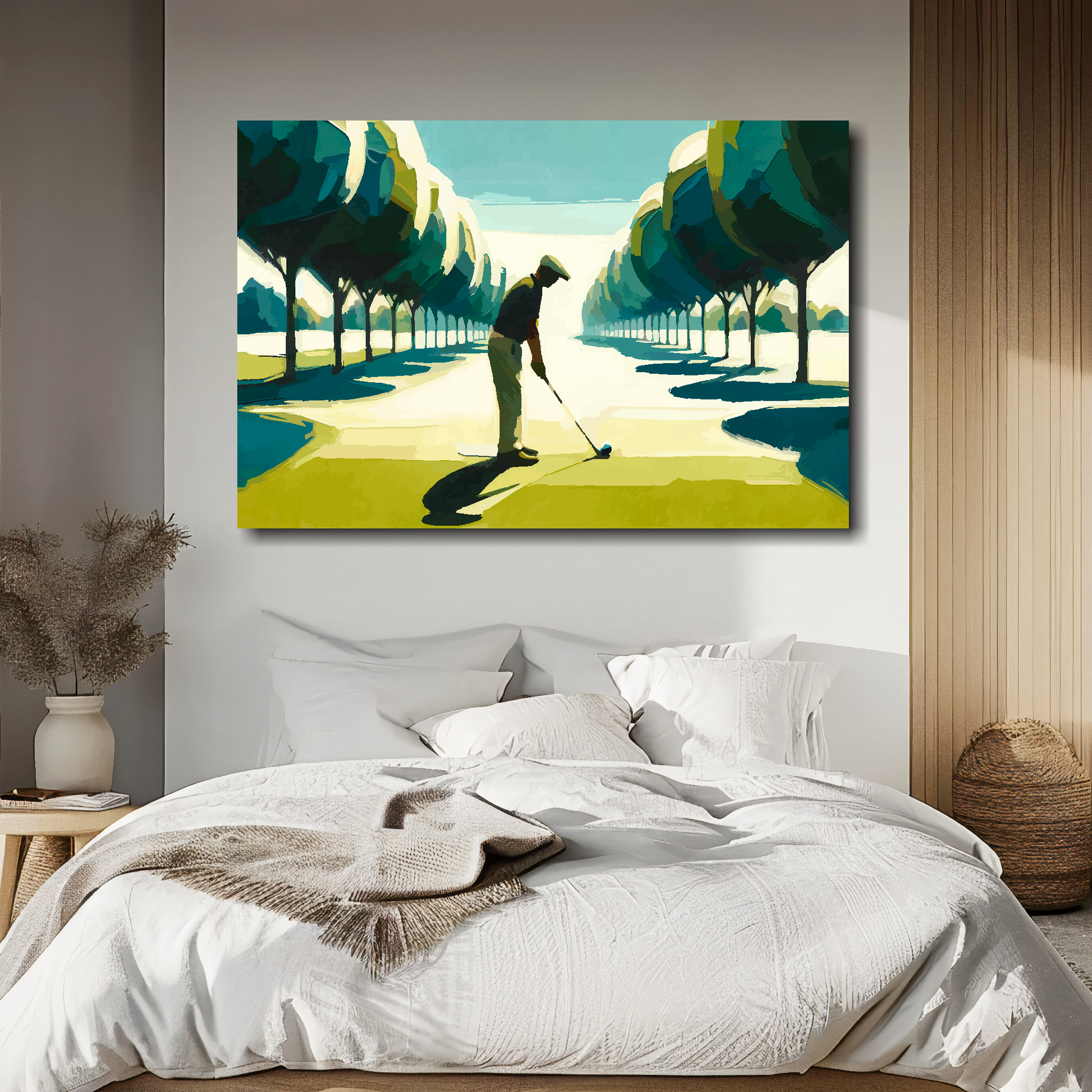 Large abstract canvas print of a man playing golf. Mounted on a white wall above a double bed.