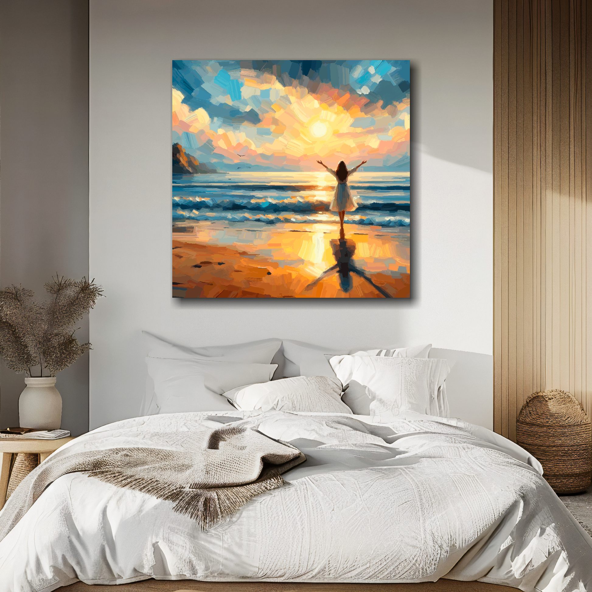 Large canvas wall art - Vibrant abstract, a woman hails the sun in a beach scene, Available in 3 large sizes.