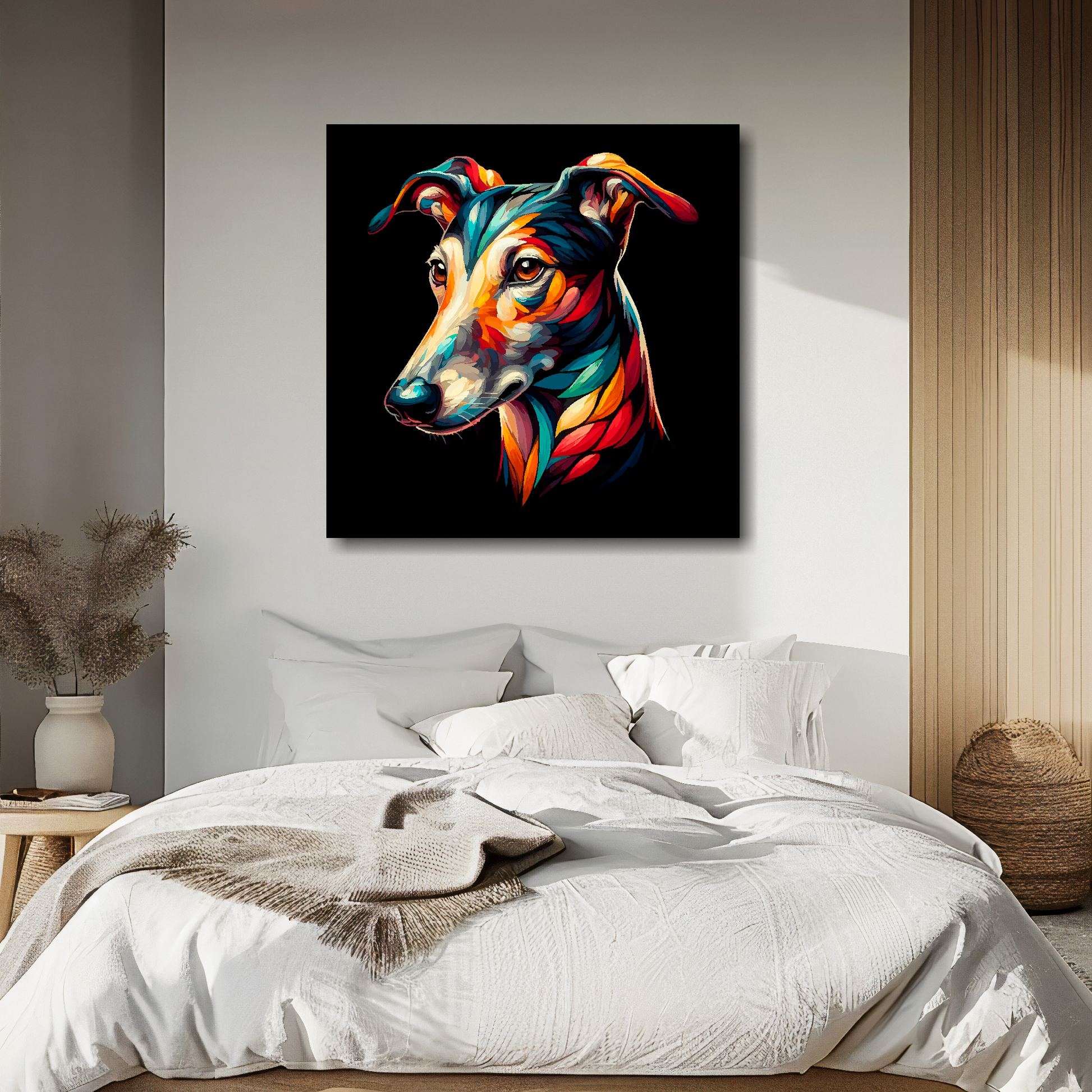 Large canvas wall art - A vibrant multi-coloured head portrait of a Greyhound. Available in 3 large sizes.