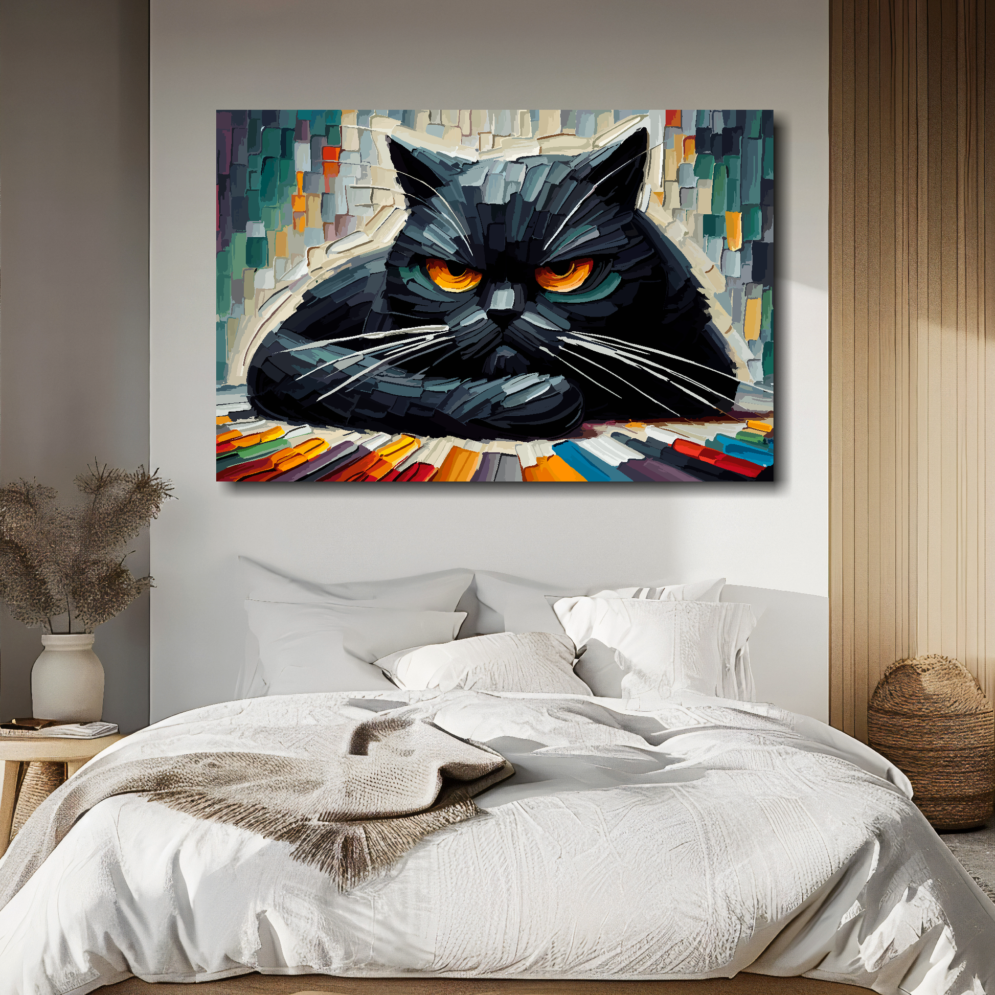 Large canvas wall art - A colourful painting of a Grumpy Black Cat. Available in 3 large sizes.