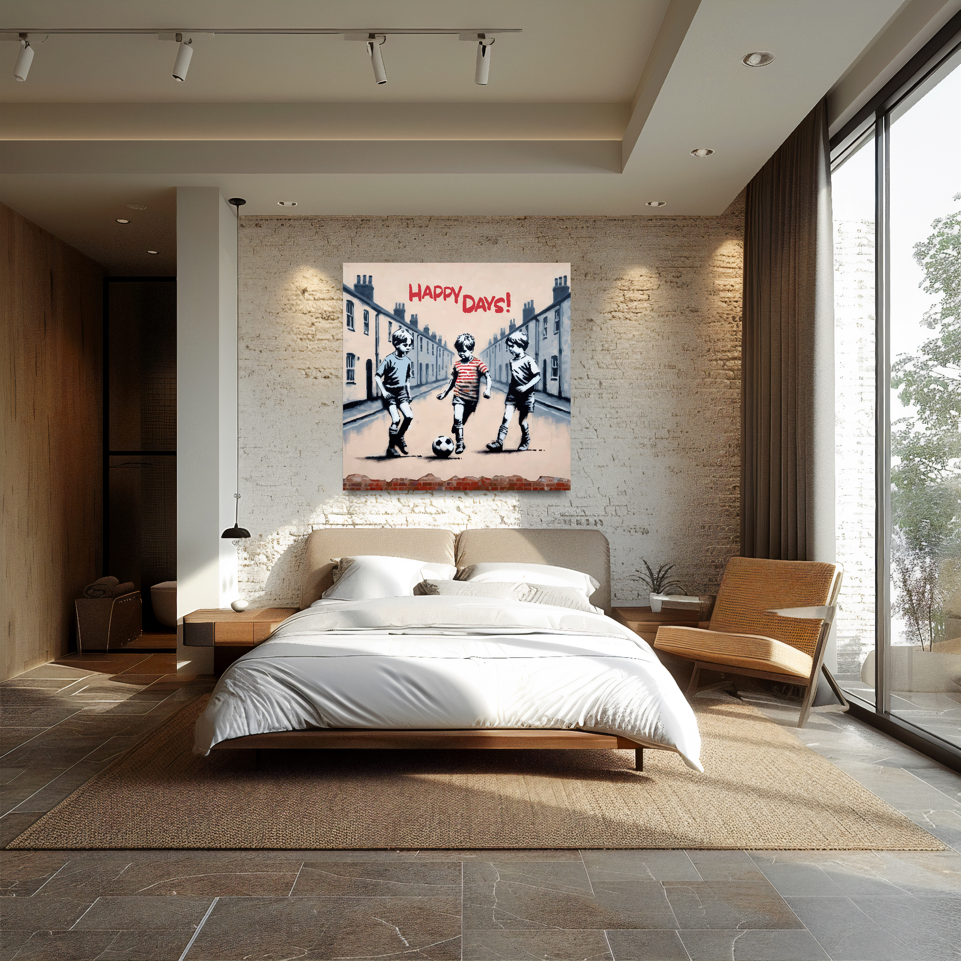 XL square canvas featuring three young boys playing football in the street, text at the top saying...'Happy Days'. Mounted on a white brick wall above a double bed.