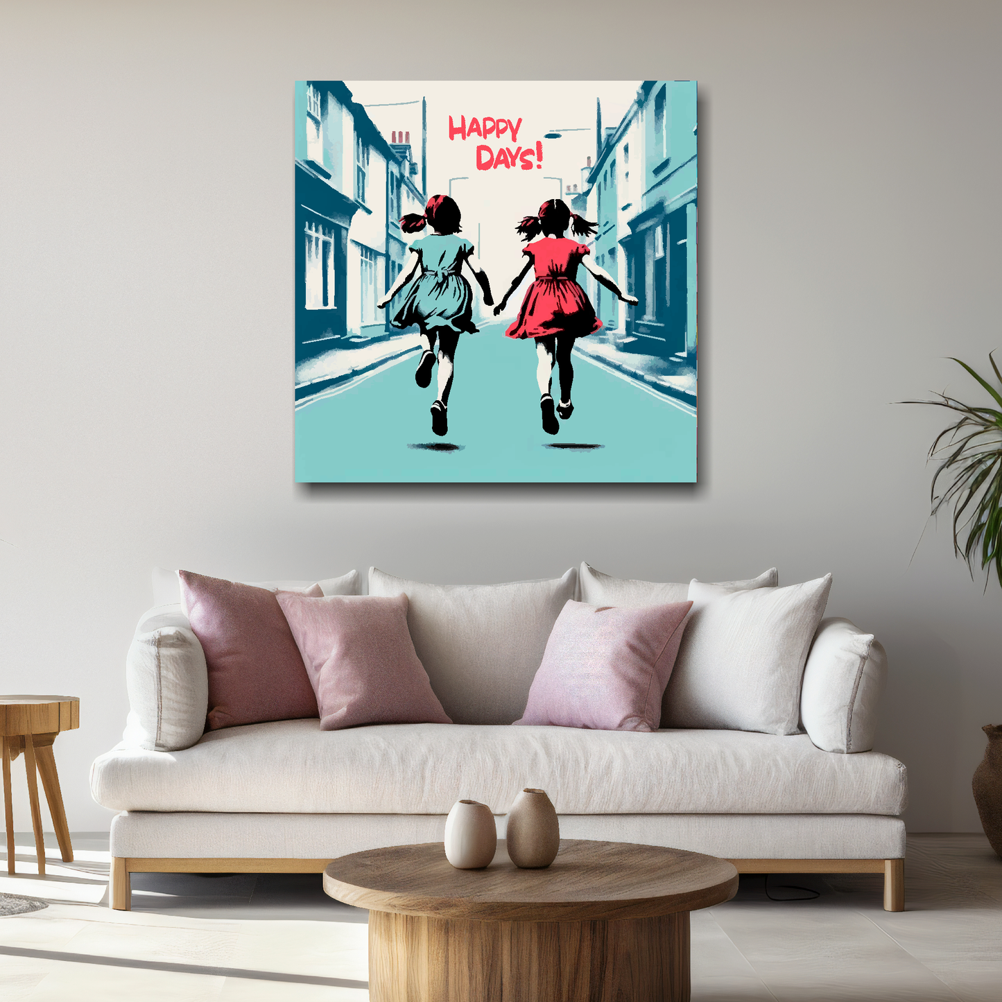 Large canvas wall art - A retro friendship painting of two young girls running in the street. Available in 3 large sizes.
