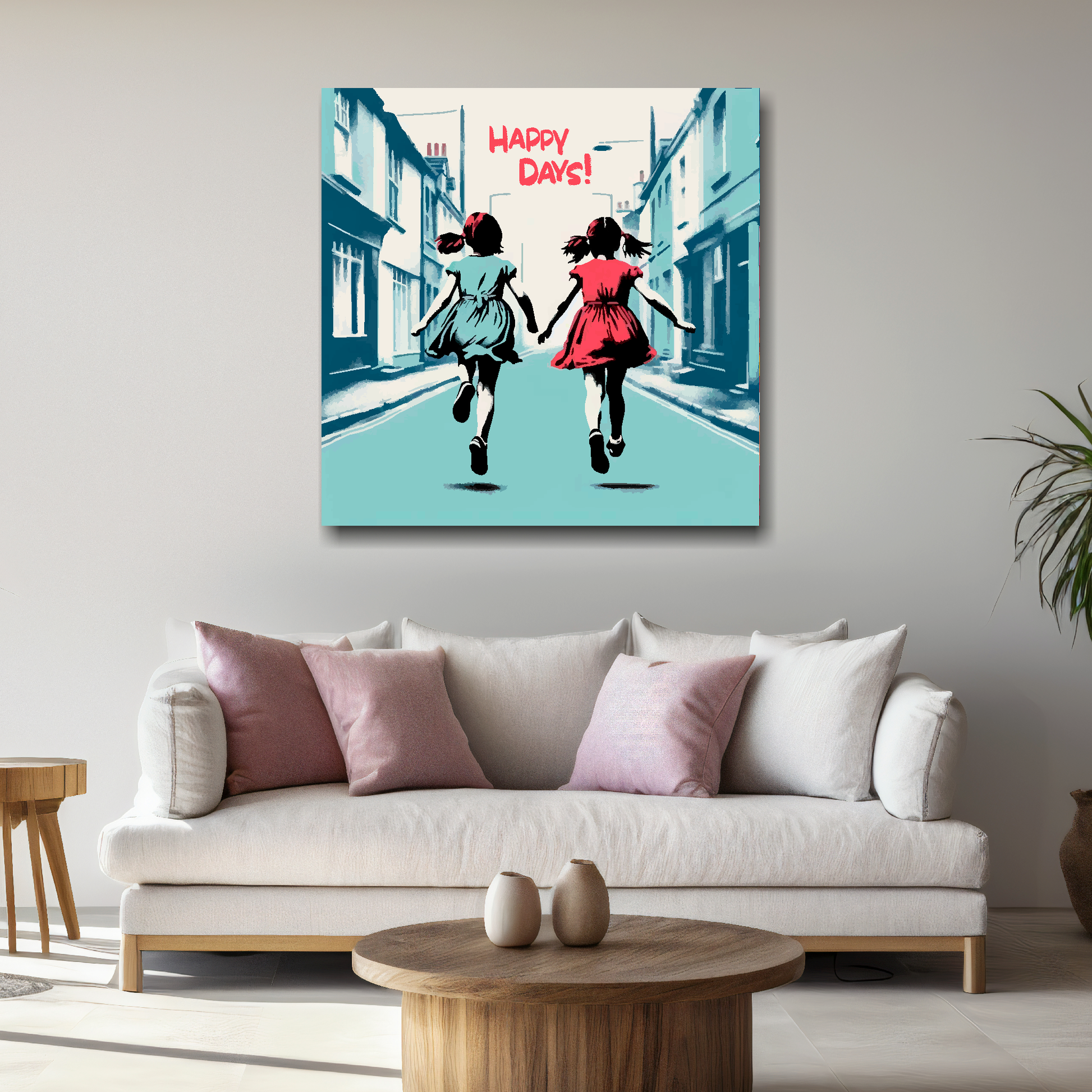 Large canvas wall art - A retro friendship painting of two young girls running in the street. Available in 3 large sizes.