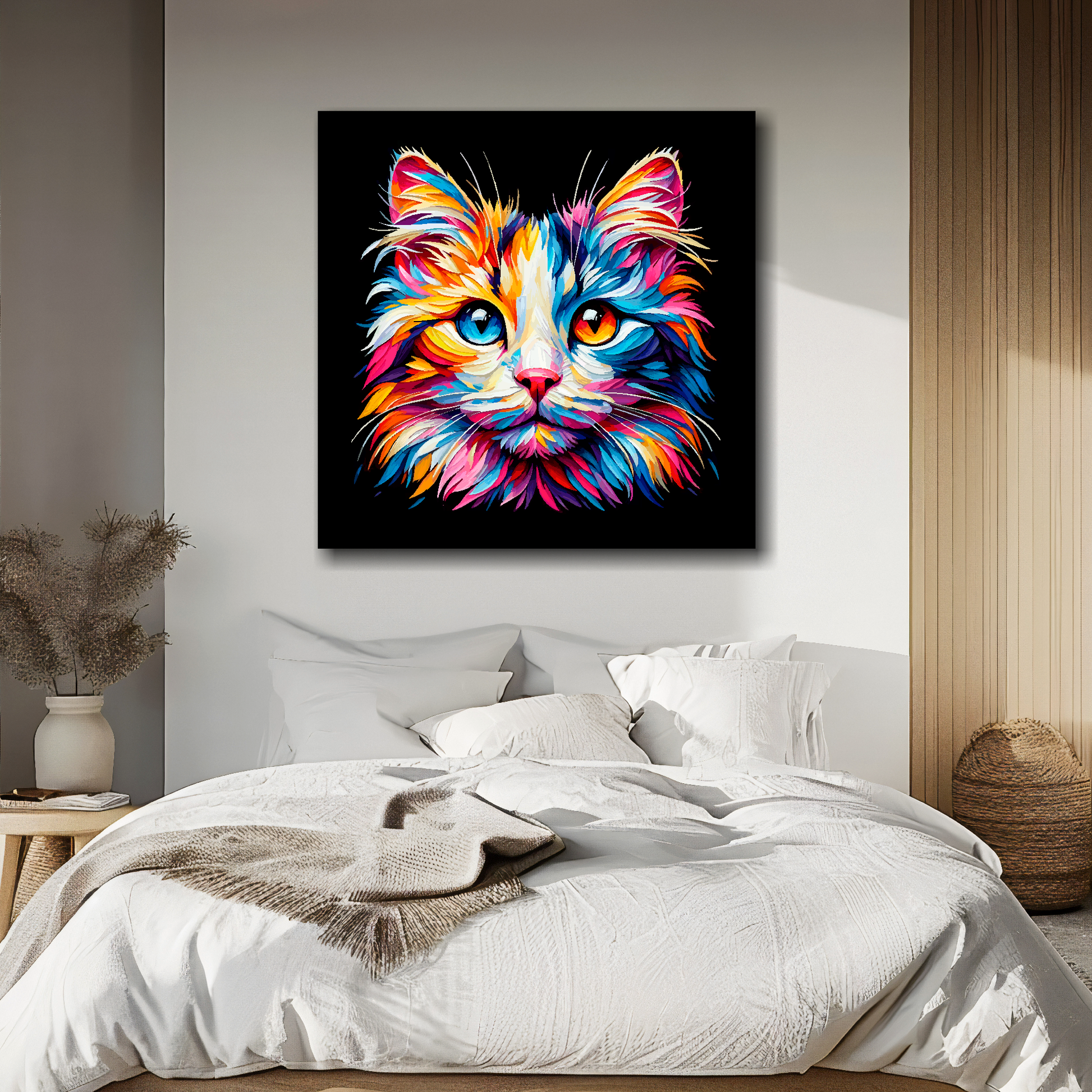 Large canvas wall art - A vibrant multi-coloured head portrait of a Japanese Bobtail Cat. Available in 3 large sizes.