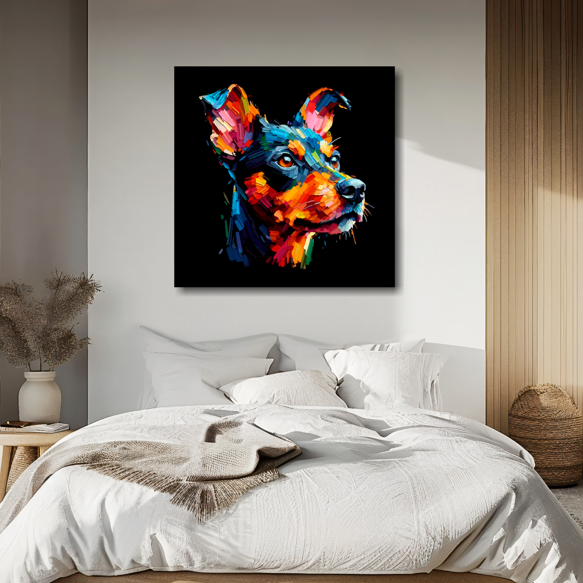 Large canvas wall art - A vibrant multi-coloured head portrait of a Manchester Terrier. Available in 3 large sizes.
