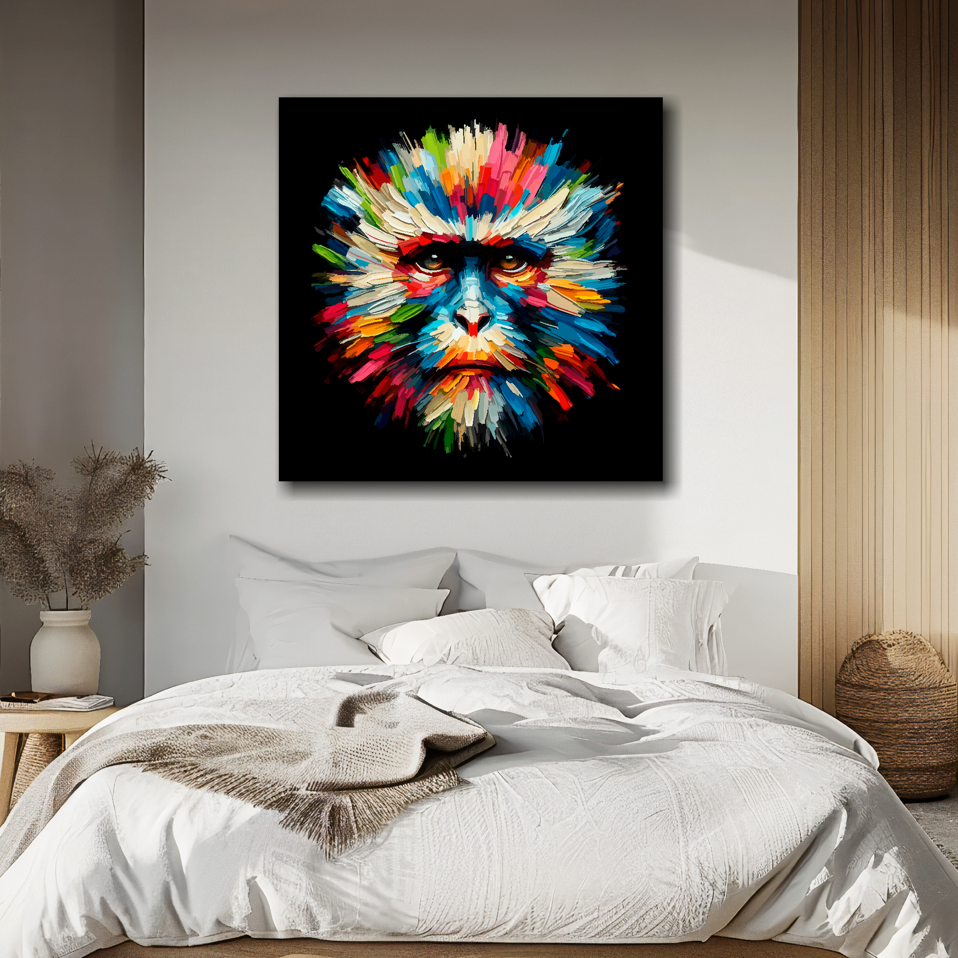 Large canvas wall art - Colourful Monkey portrait on a black background. Available in 3 large sizes.