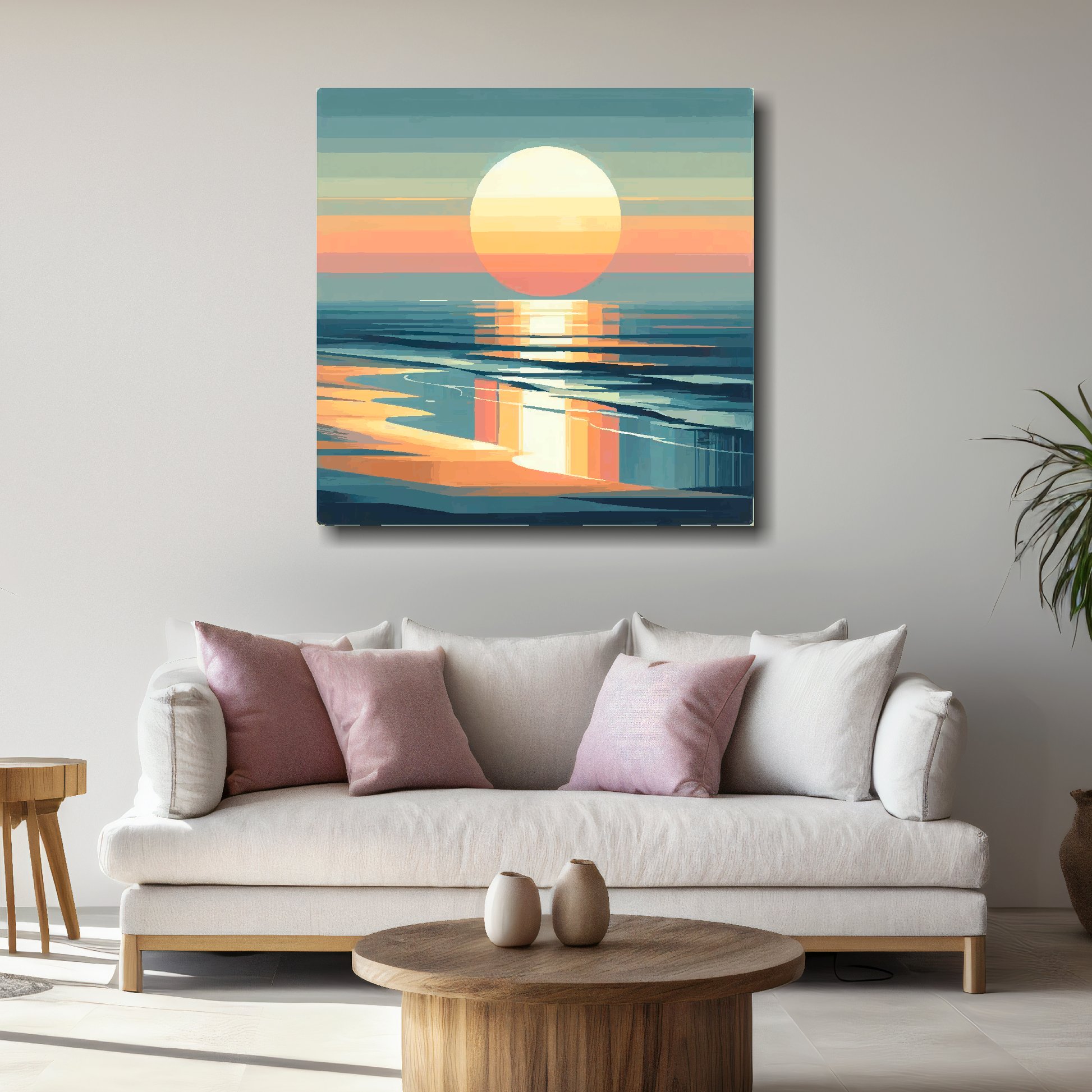 Large canvas wall art - Abstract Ocean Sunset beach scene, moody vibes, Available in 3 large sizes.