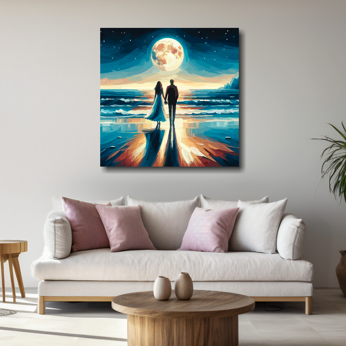 Large canvas wall art - Romantic Couple in a moonlight beach scene, Available in 3 large sizes.