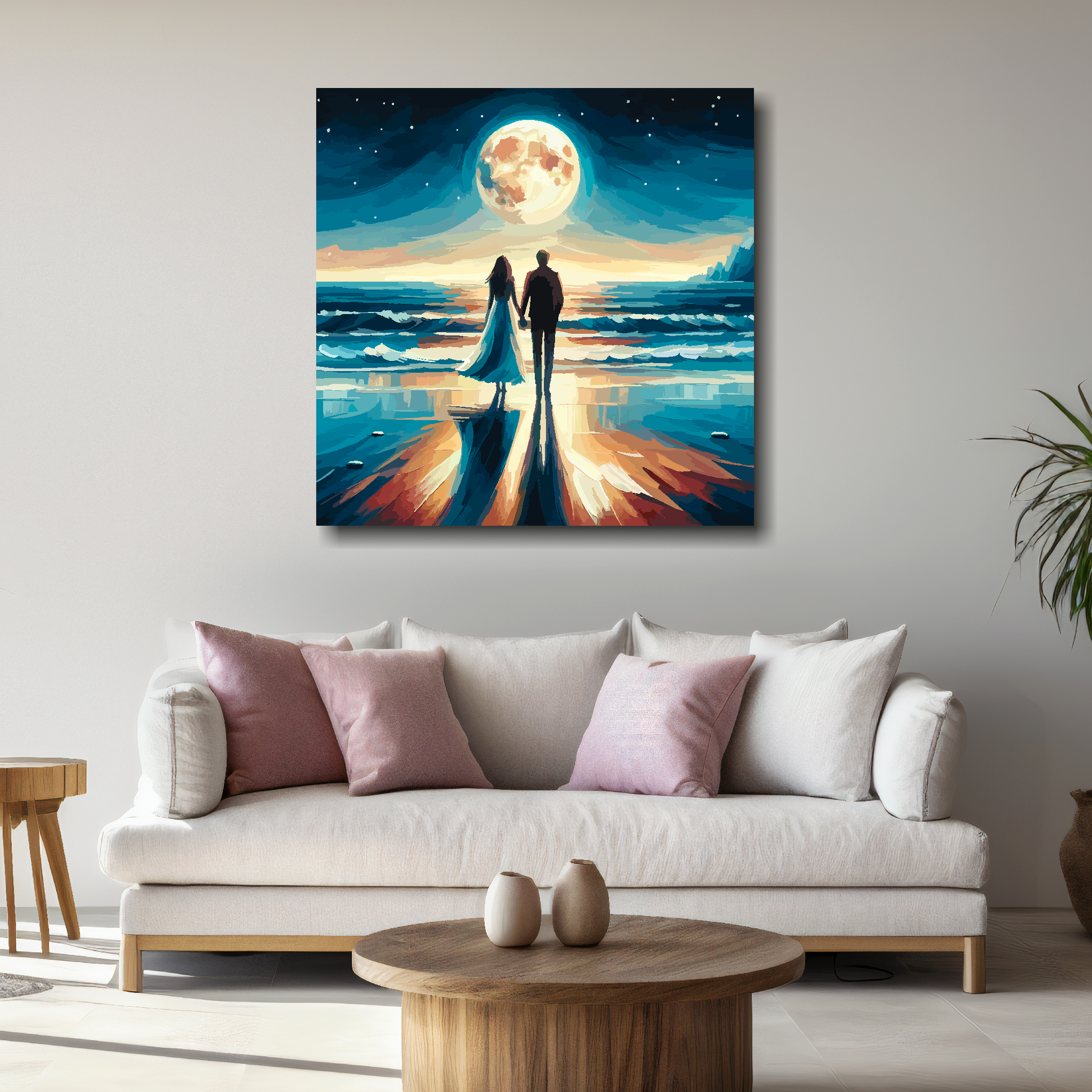 Large canvas wall art - Romantic Couple in a moonlight beach scene, Available in 3 large sizes.