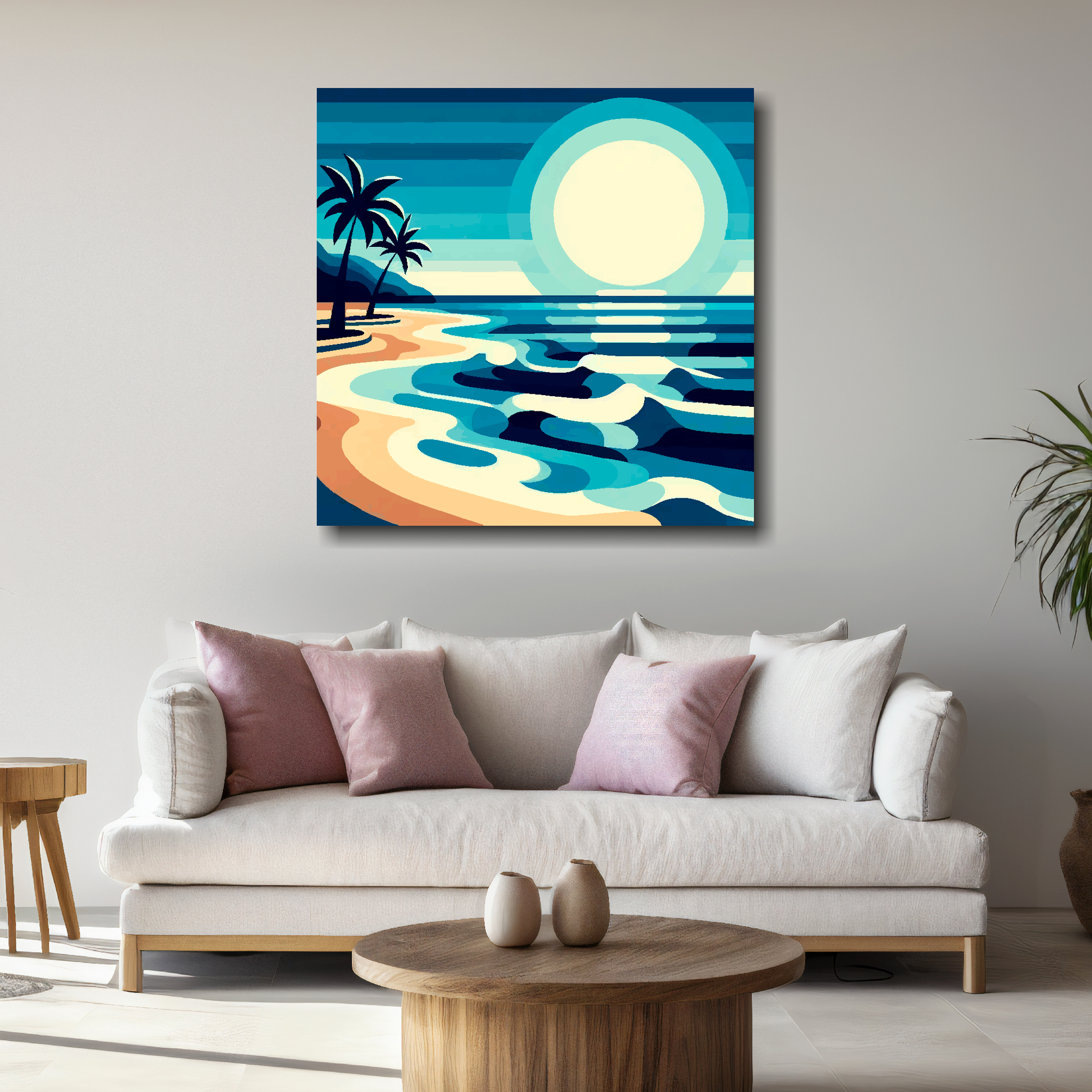 Large canvas wall art - Colourful Palm Beach, tropical beach scene. Available in 3 large sizes.