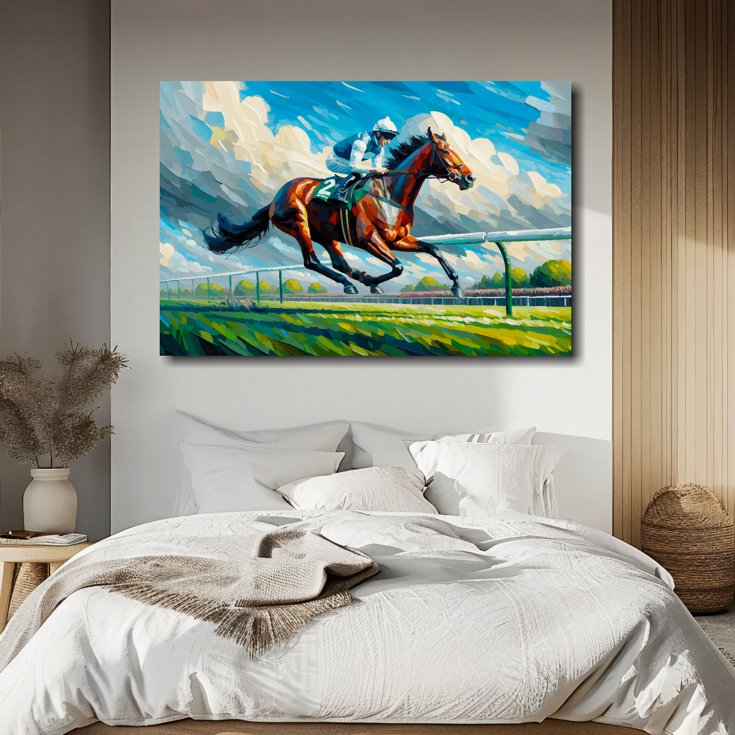 Large canvas wall art - A vibrant multi-coloured painting of a Race Horse galloping. Available in 3 large sizes.