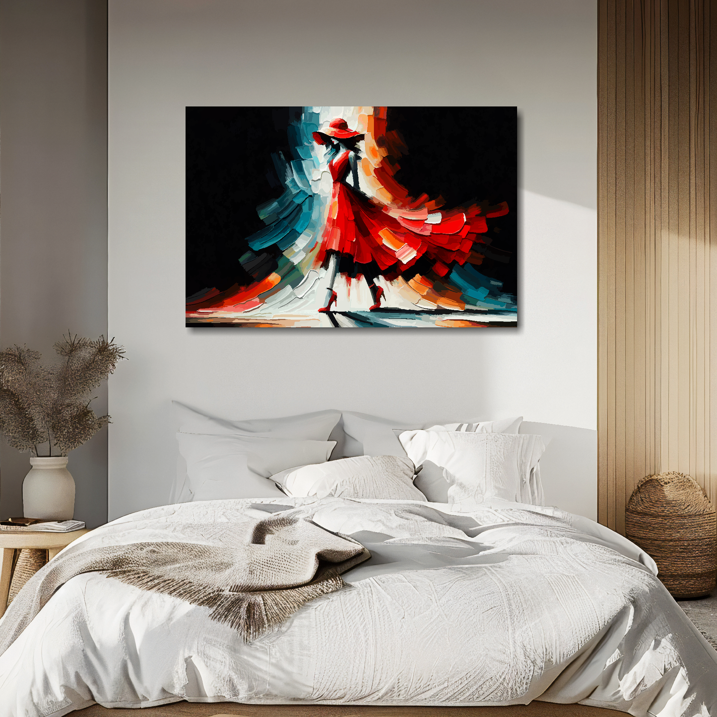 Large abstract canvas print of a woman in a red fashion dress. Mounted on a white wall above a double bed.