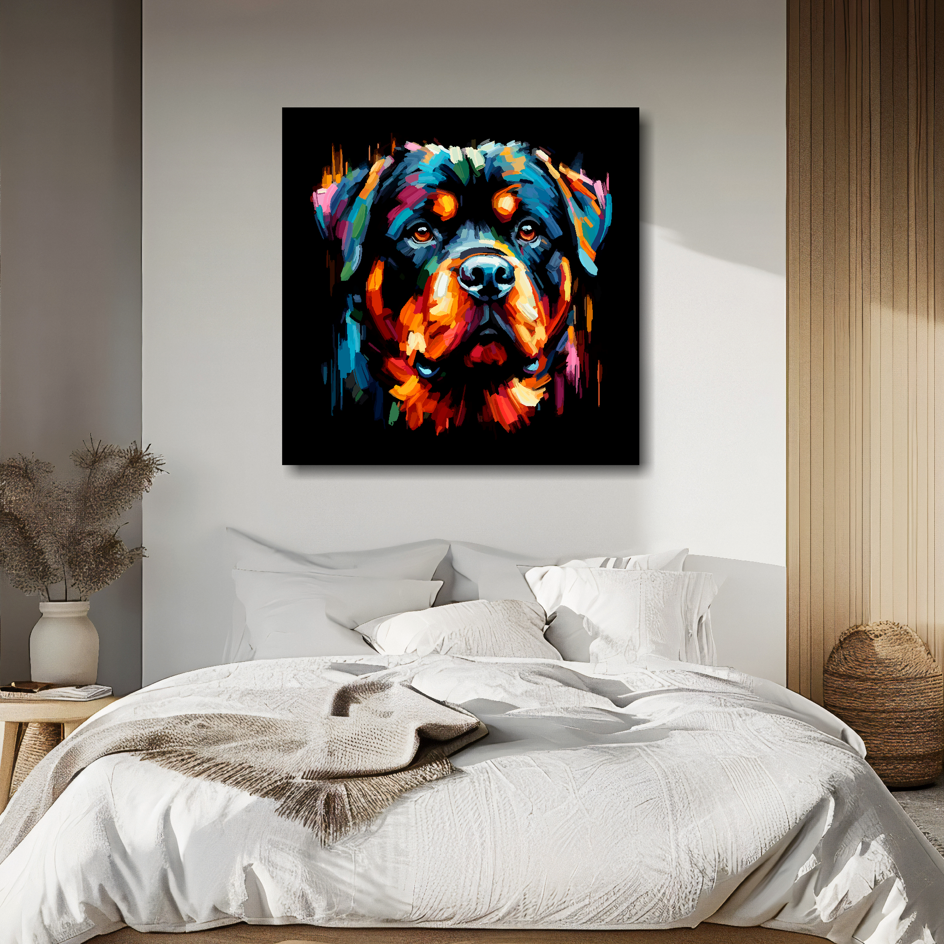 Large canvas wall art - A vibrant multi-coloured head portrait of a Rottweiler. Available in 3 large sizes.
