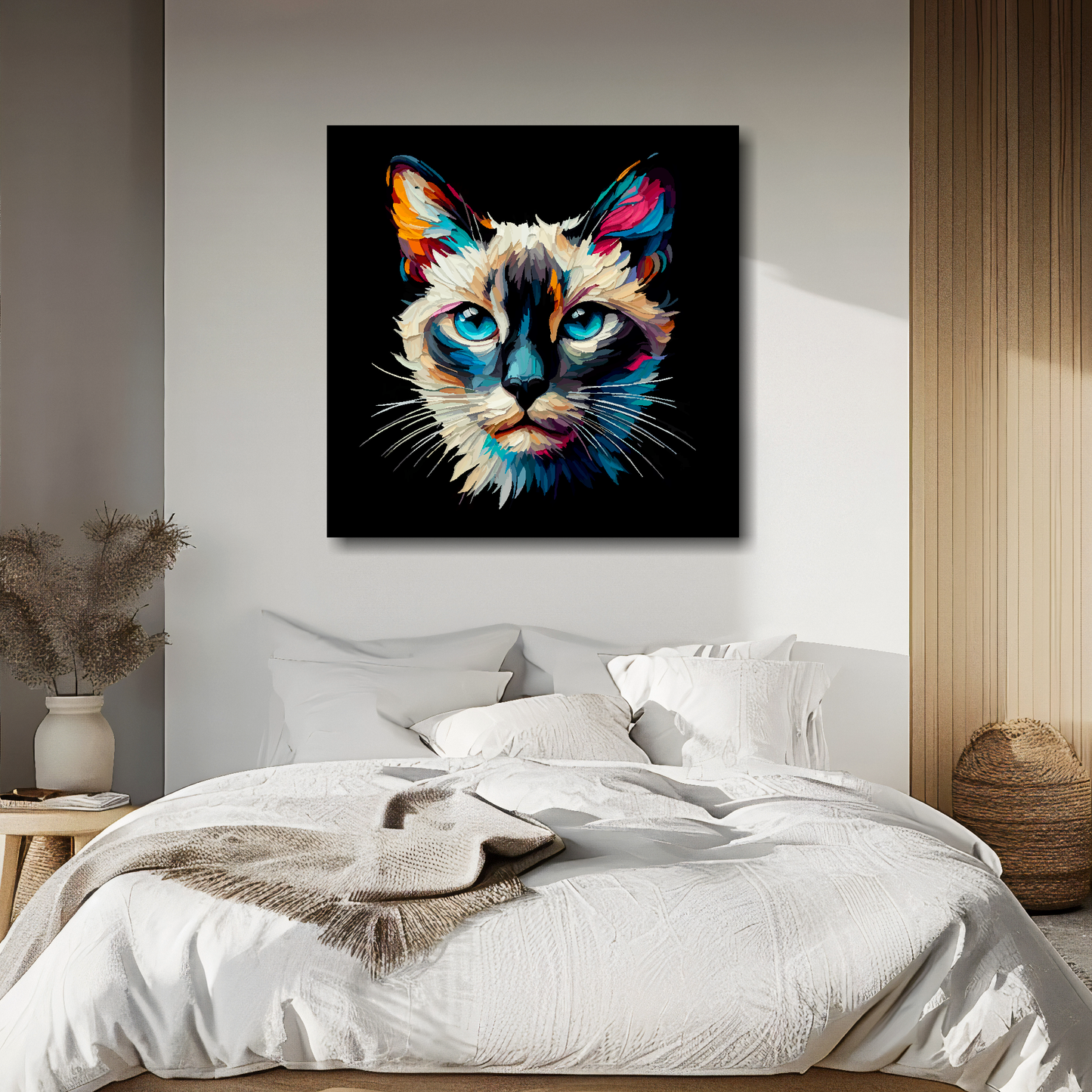 Large canvas wall art - A vibrant multi-coloured head portrait of a Siamese Cat. Available in 3 large sizes.