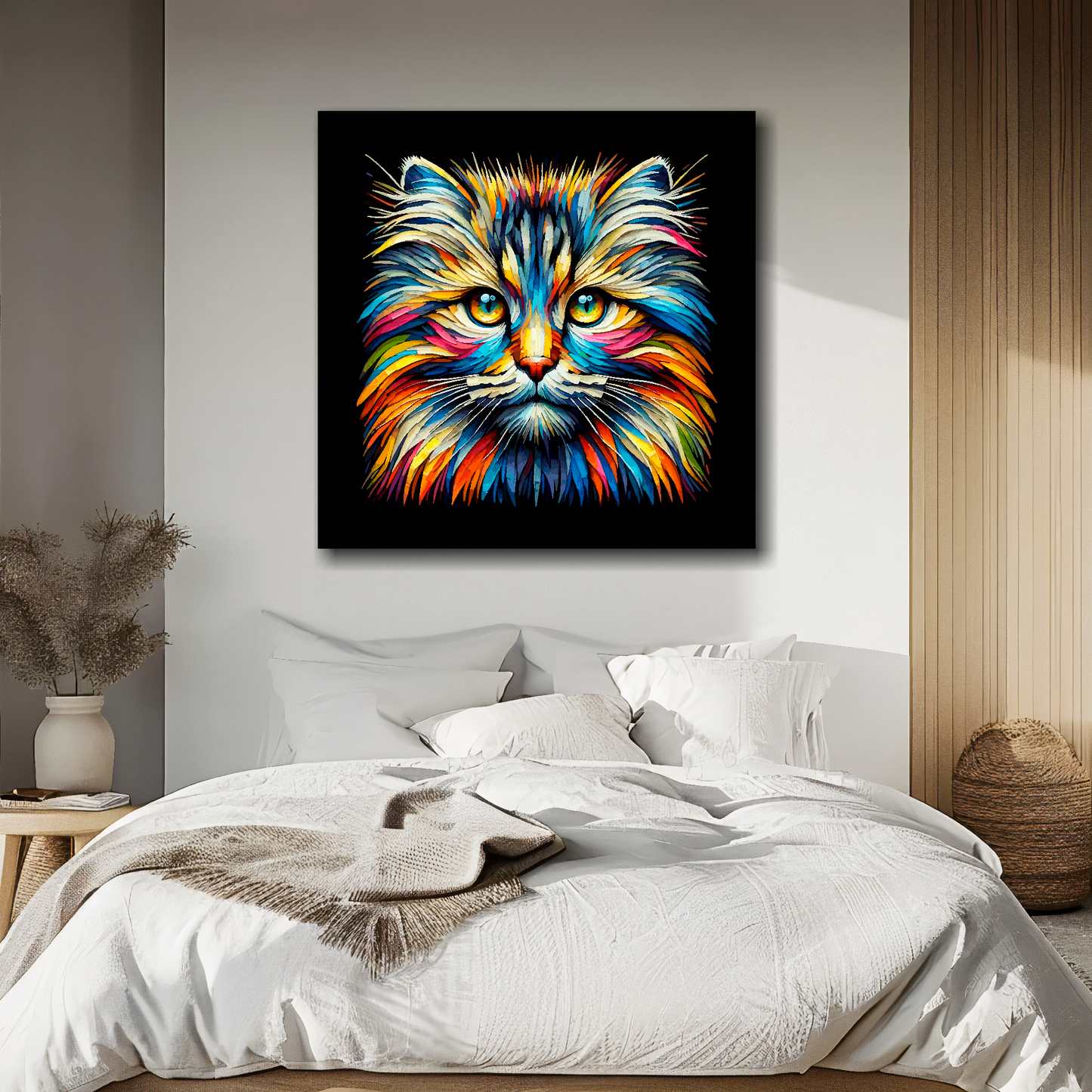 Large canvas wall art - A vibrant multi-coloured head portrait of a Siberian Forest Cat. Available in 3 large sizes.