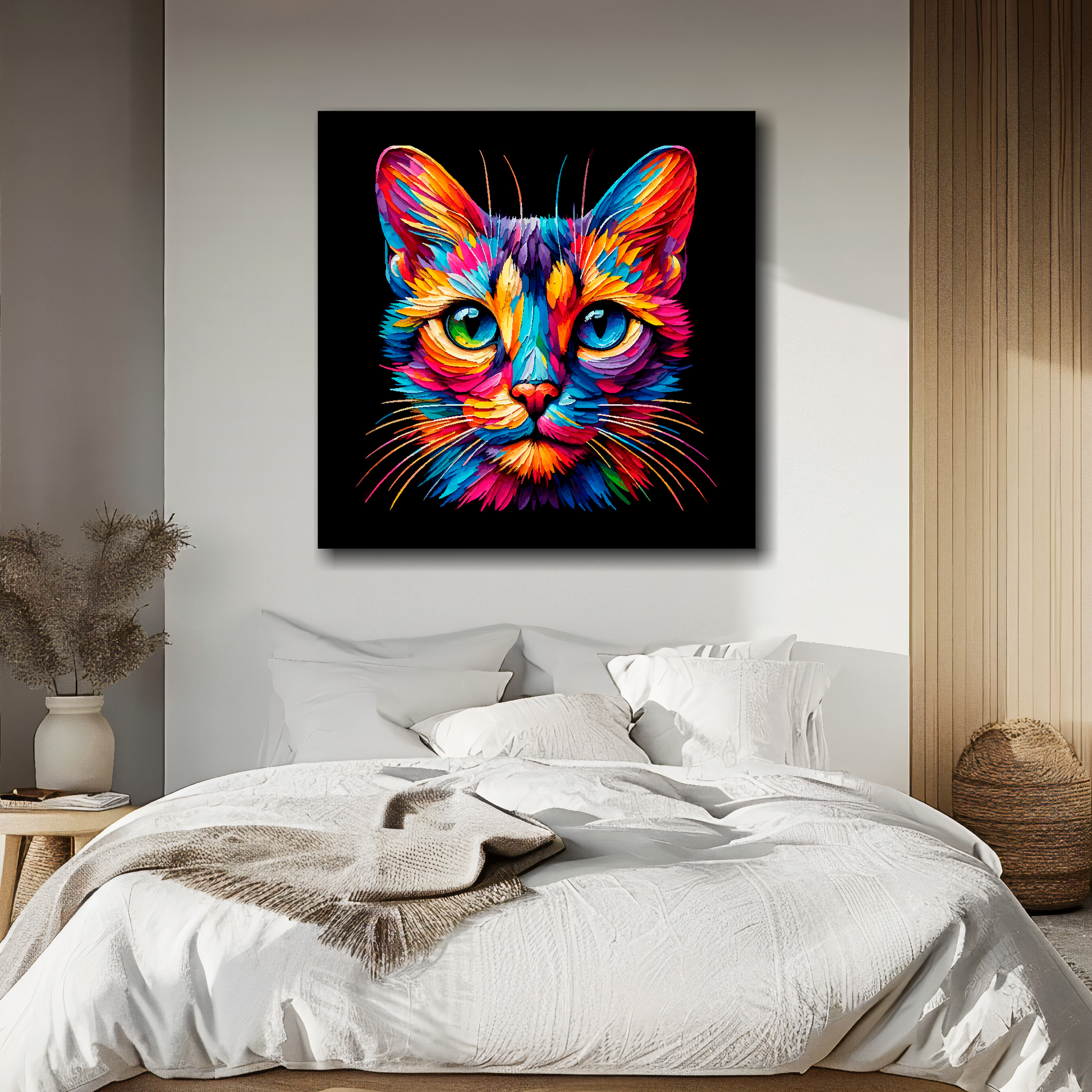Large canvas wall art - A vibrant multi-coloured head portrait of a Singapura Cat. Available in 3 large sizes.