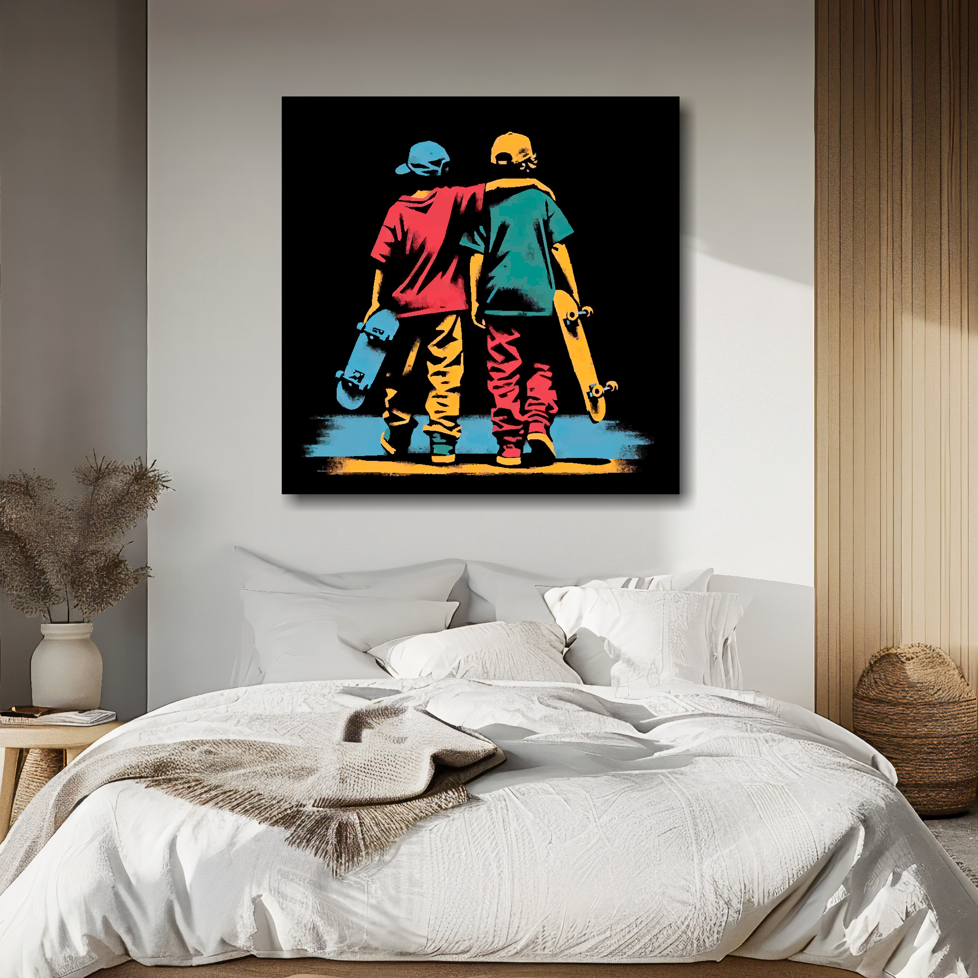 XL square canvas featuring a two teen boys with skateboards. Mounted on a white wall above a double bed.