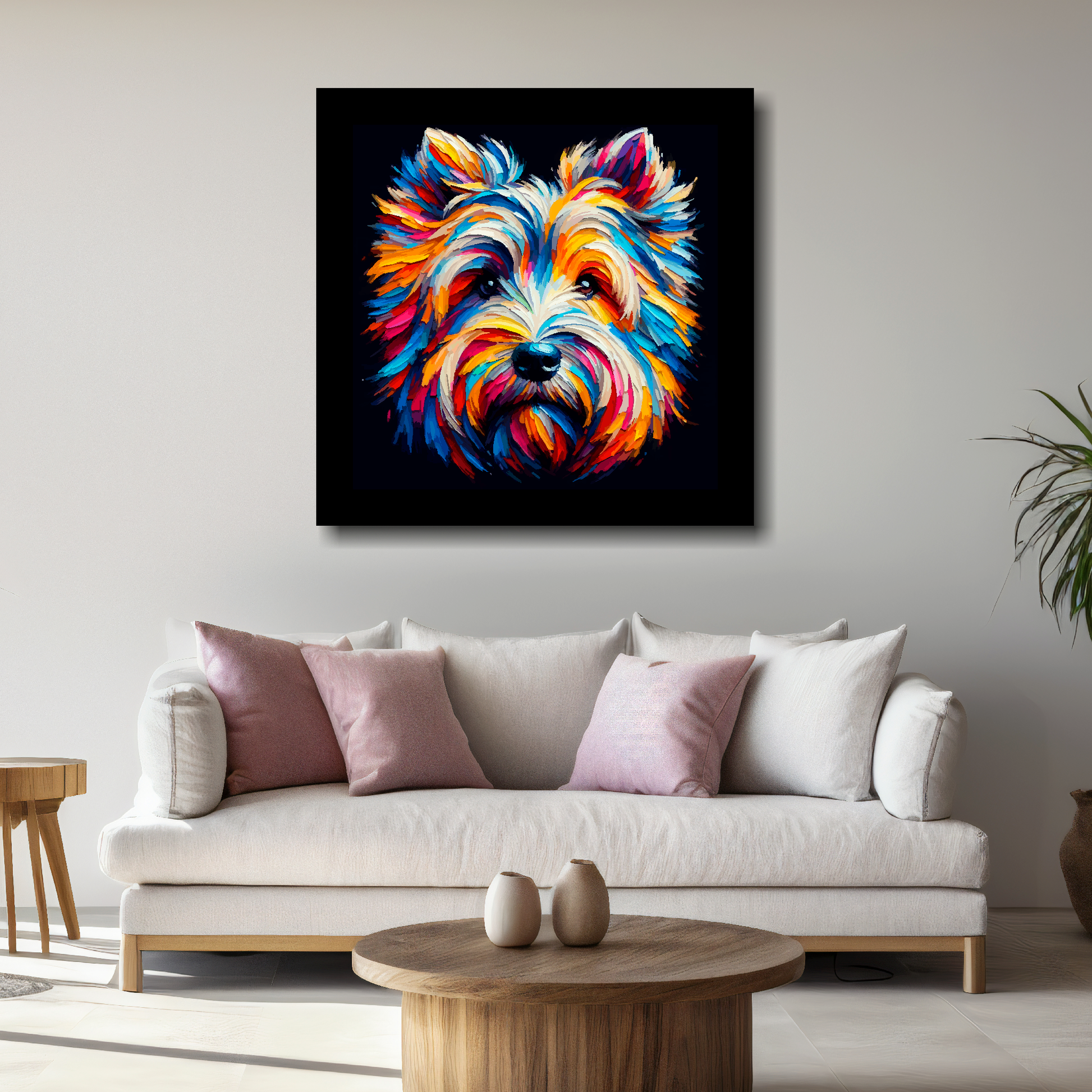 Large canvas wall art - A multi-coloured abstract head portrait of a Skye Terrier Dog. Available in 3 large sizes.