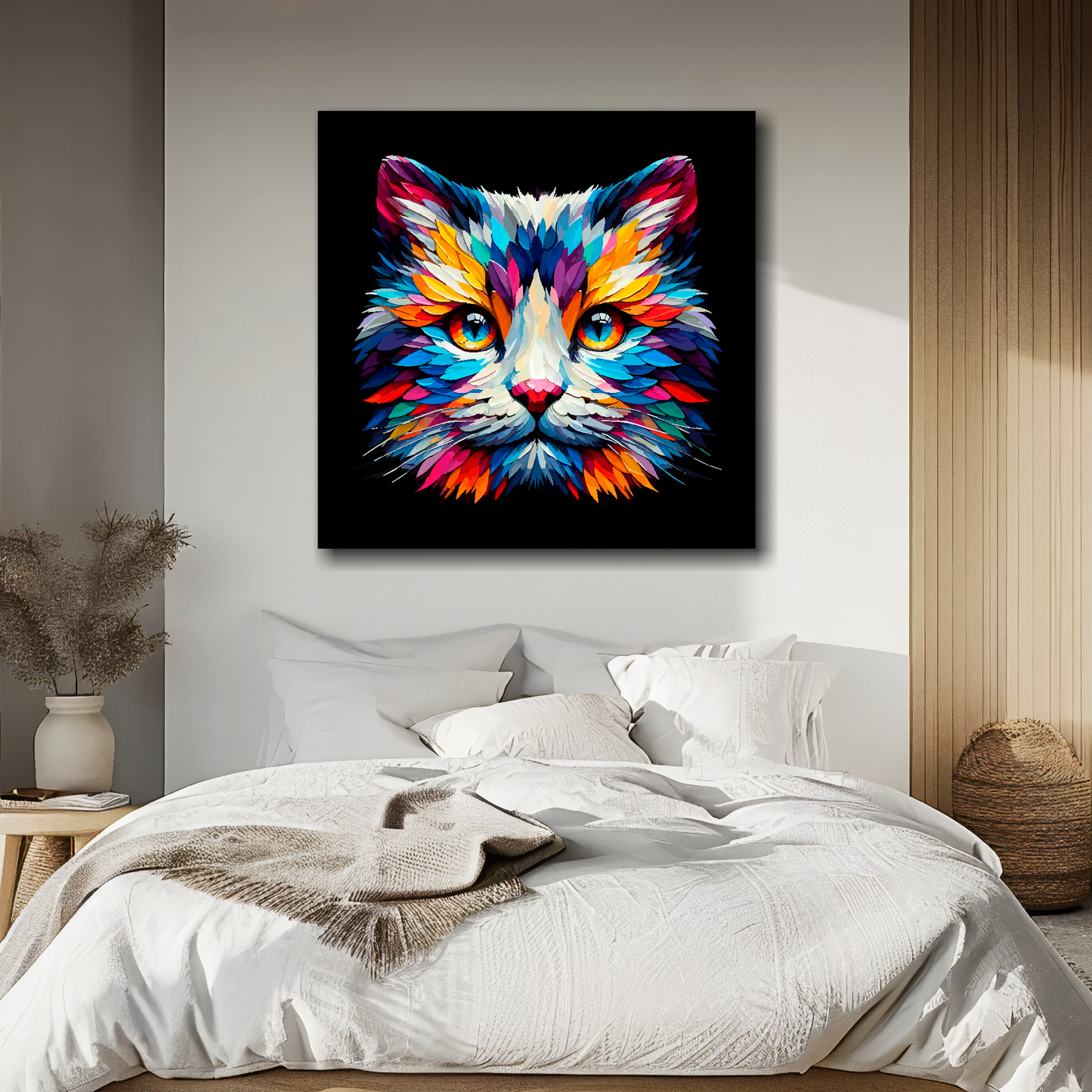 Large canvas wall art - A vibrant multi-coloured head portrait of a Snowshoe Cat. Available in 3 large sizes.