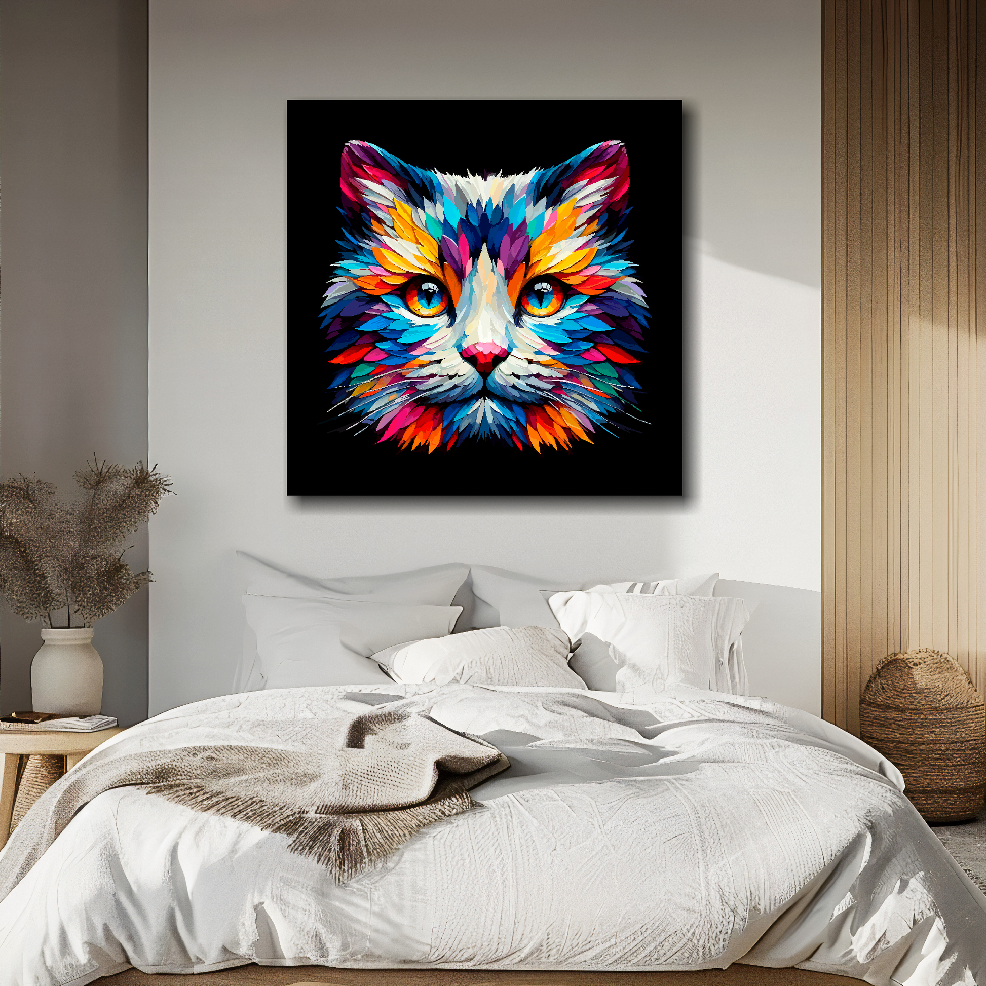 Large canvas wall art - A vibrant multi-coloured head portrait of a Snowshoe Cat. Available in 3 large sizes.