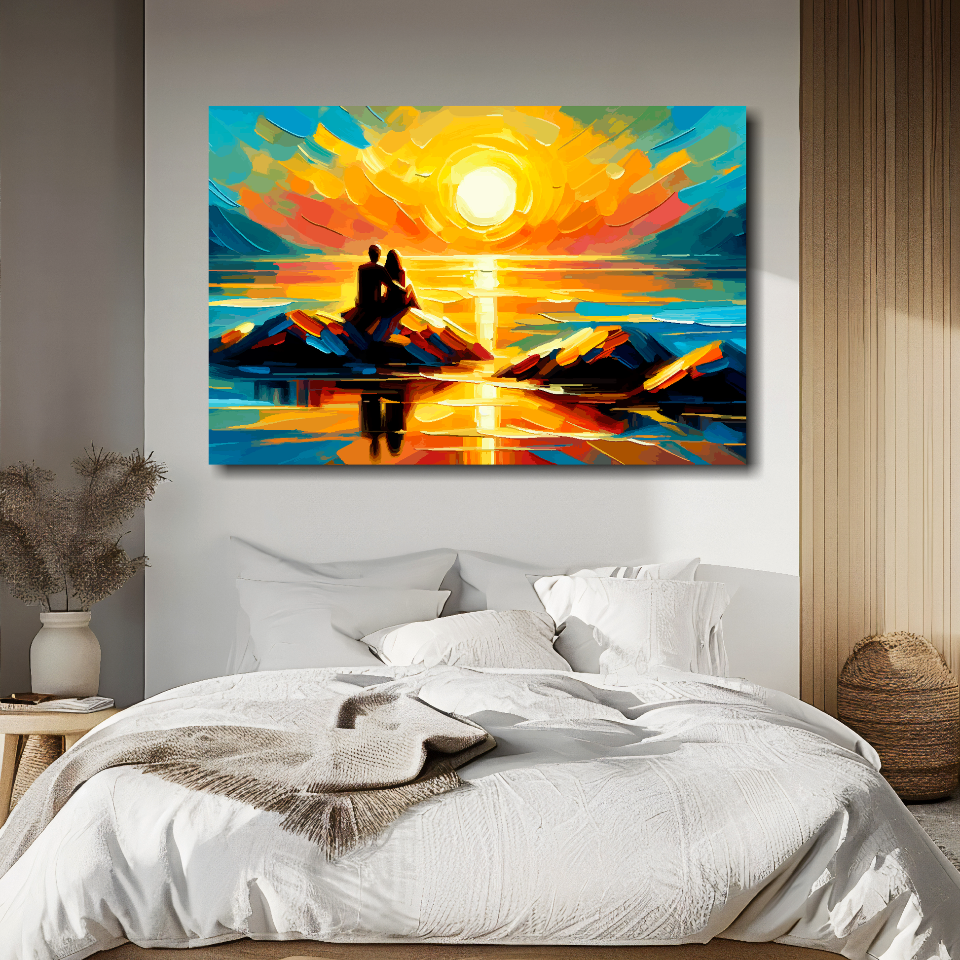 Abstract canvas print of a romantic couple watching a vibrant sunset. Mounted on a white wall above a double bed.
