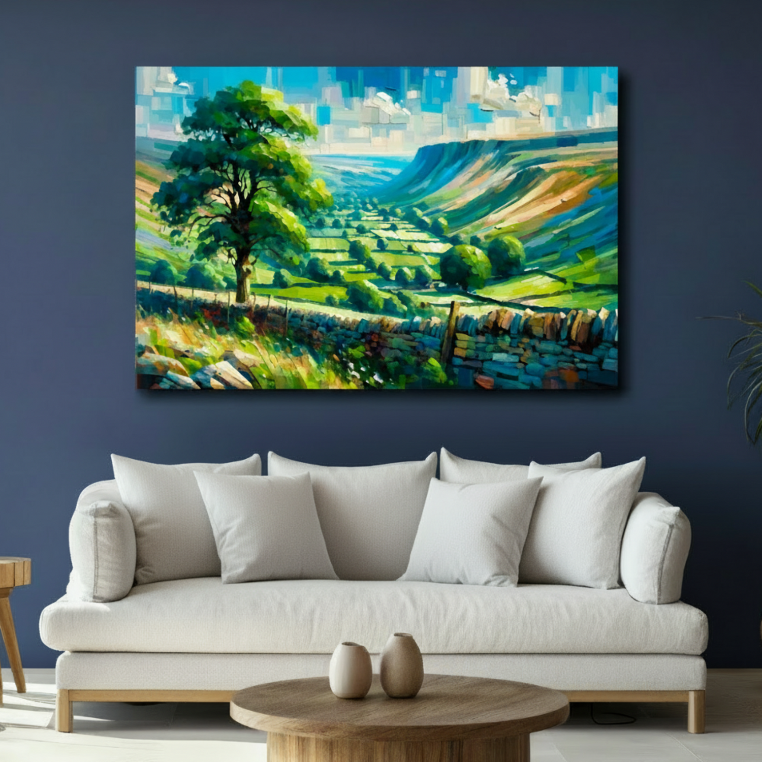 Large Yorkshire Dales canvas above white sofa - vibrant abstract UK national park wall art