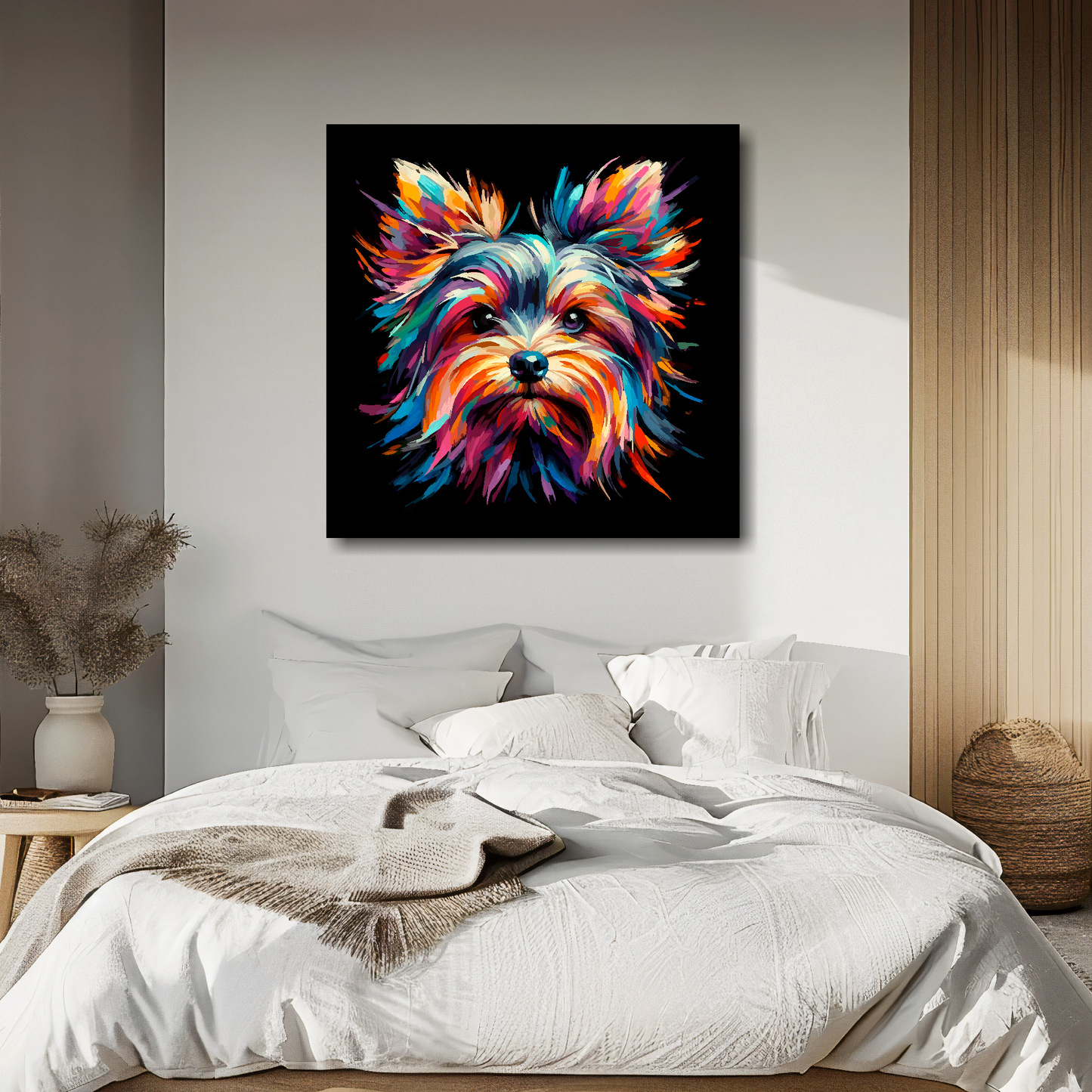 Large canvas wall art - A vibrant multi-coloured head portrait of a Yorkshire Terrier. Available in 3 large sizes.