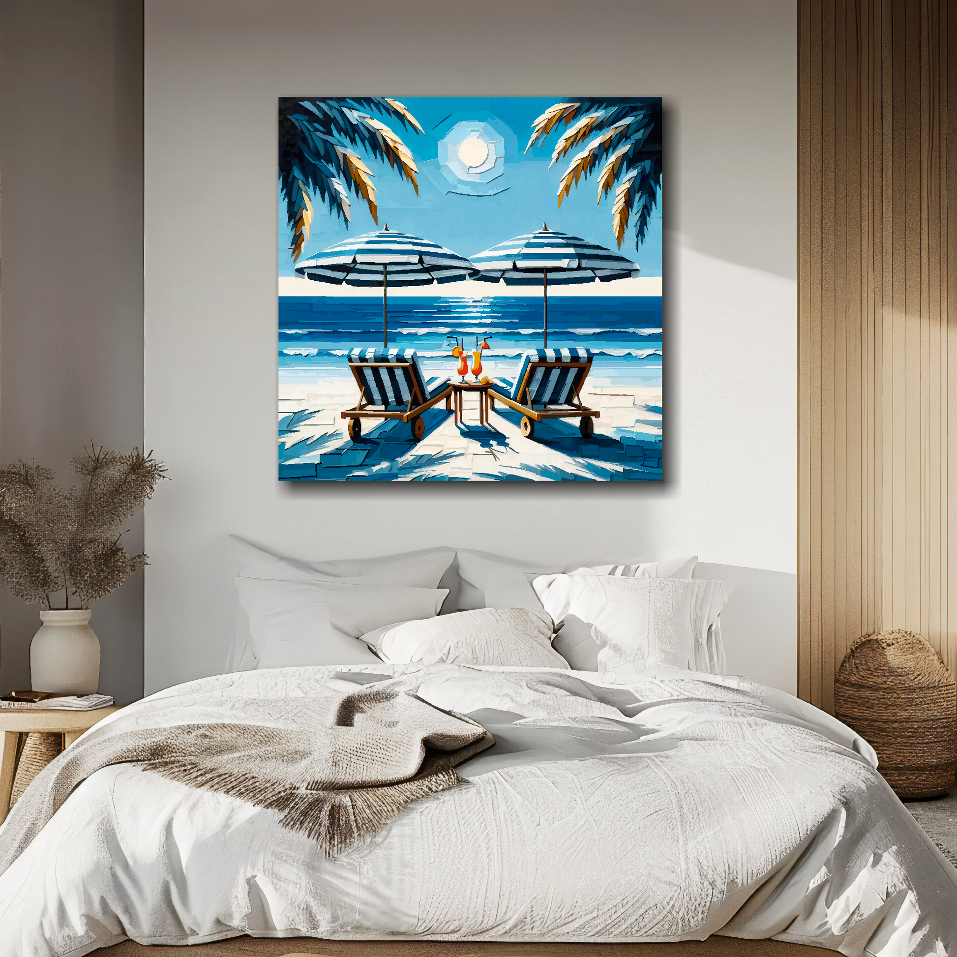 XL square canvas featuring a colourful tropical beach. Mounted on a white wall above a double bed.