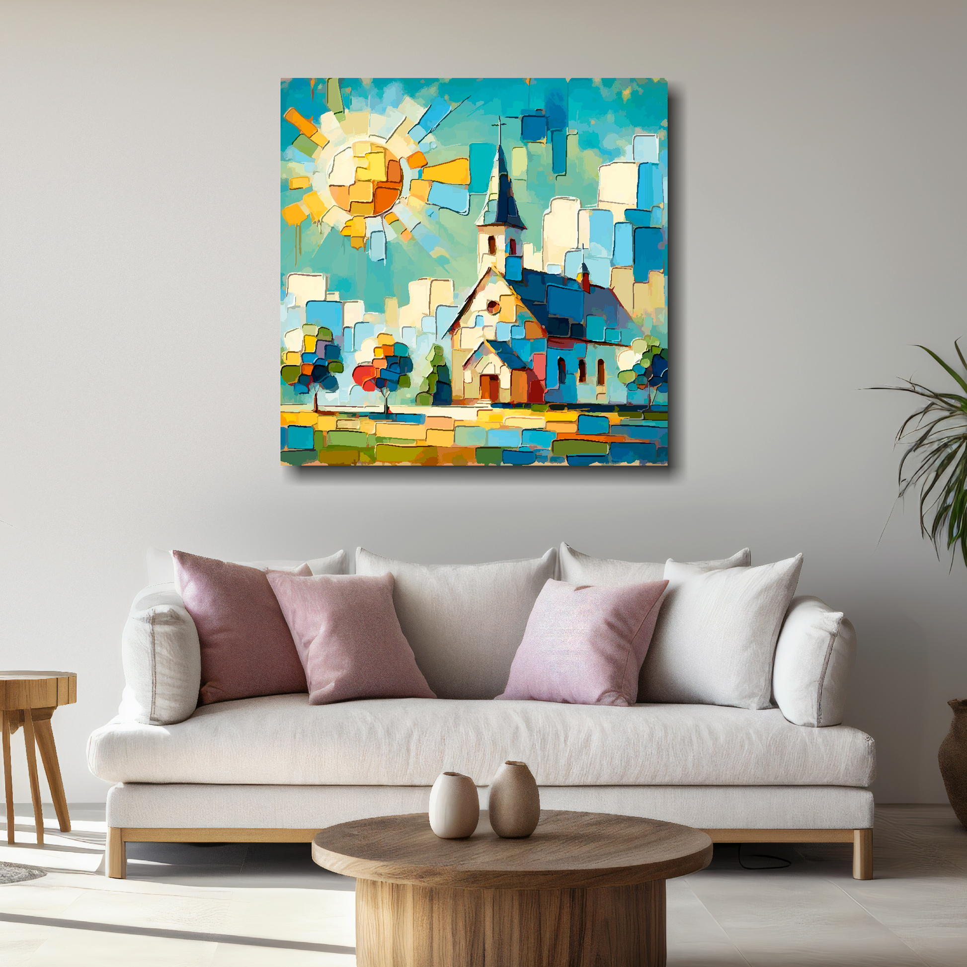 Large canvas wall art - Colourful Abstract of a Church landscape, bold  and vibrant colours. Available in 3 large sizes.