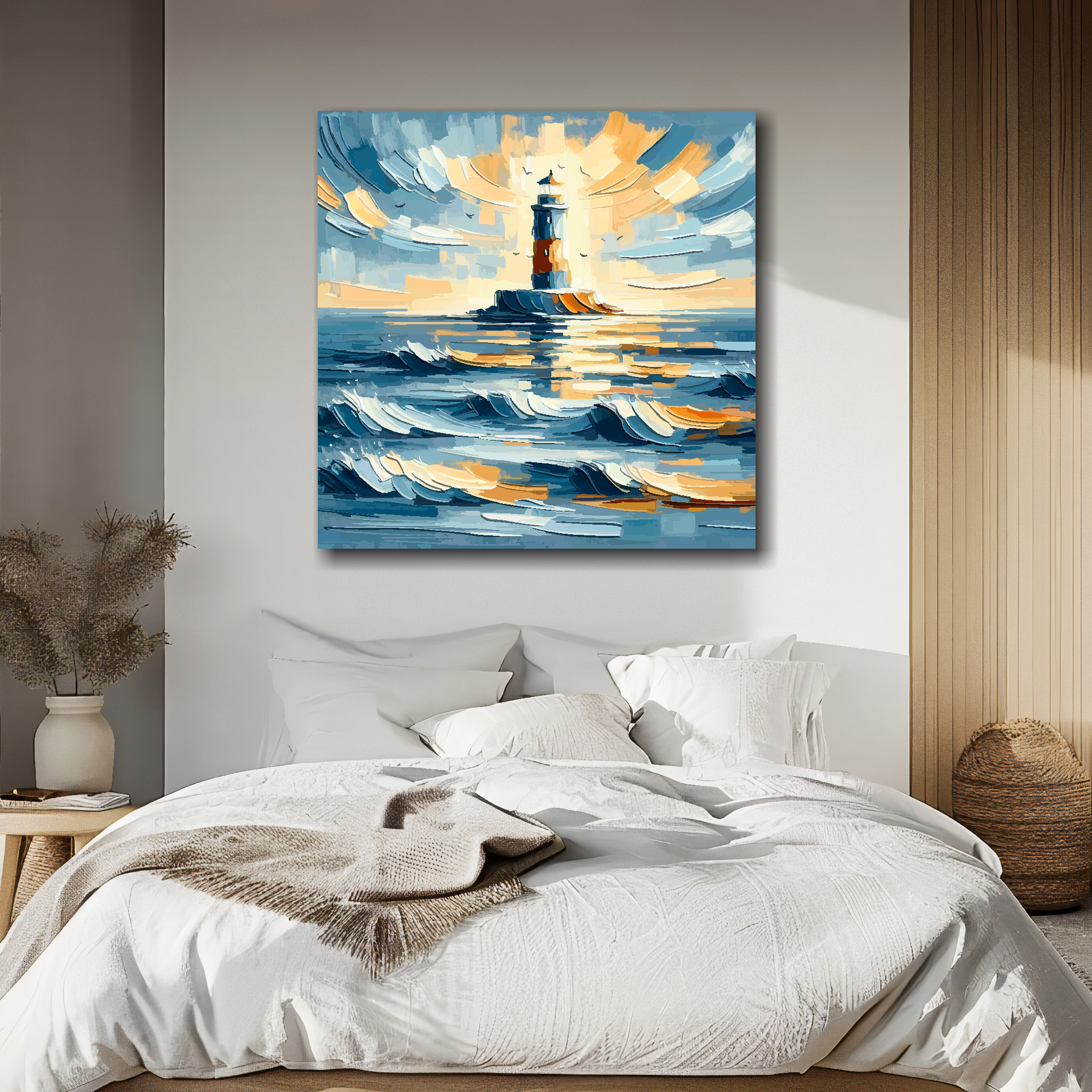 Large canvas wall art - Abstract Lighthouse ocean scene, moody vibes, Available in 3 large sizes.