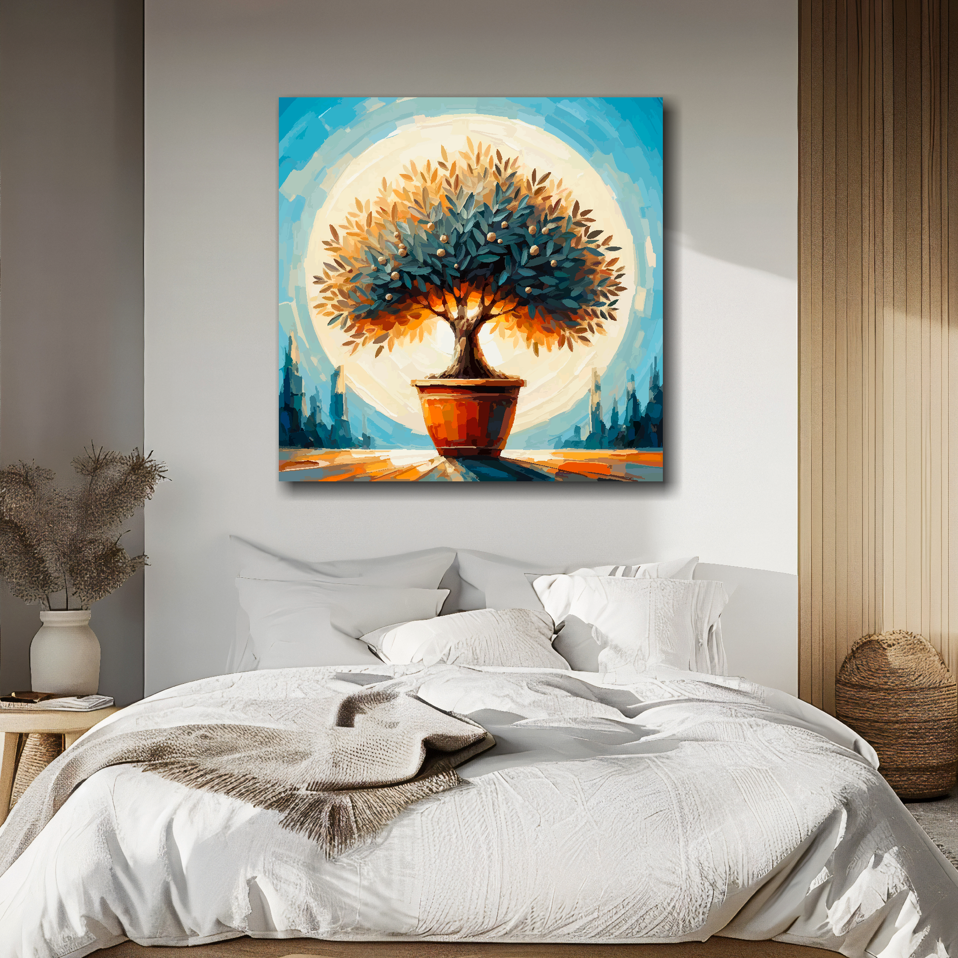 XL square canvas featuring a Olive Tree. Mounted on a white wall above a double bed.
