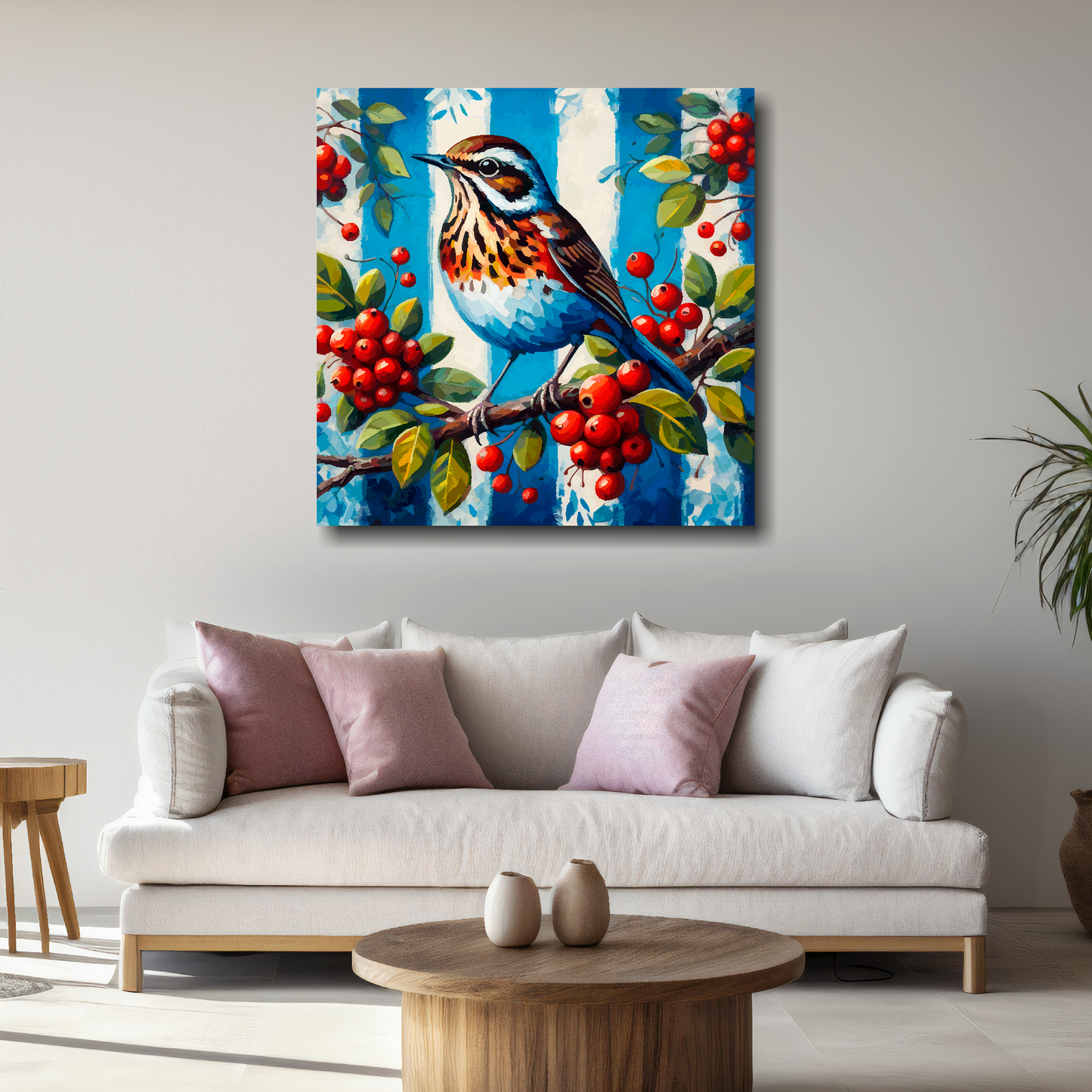 Large canvas wall art - A Throstle bird in blue and white, inspired by West Bromwich Albion F.C. Part of the UK CANVAS sports collection. Available in 3 large sizes.