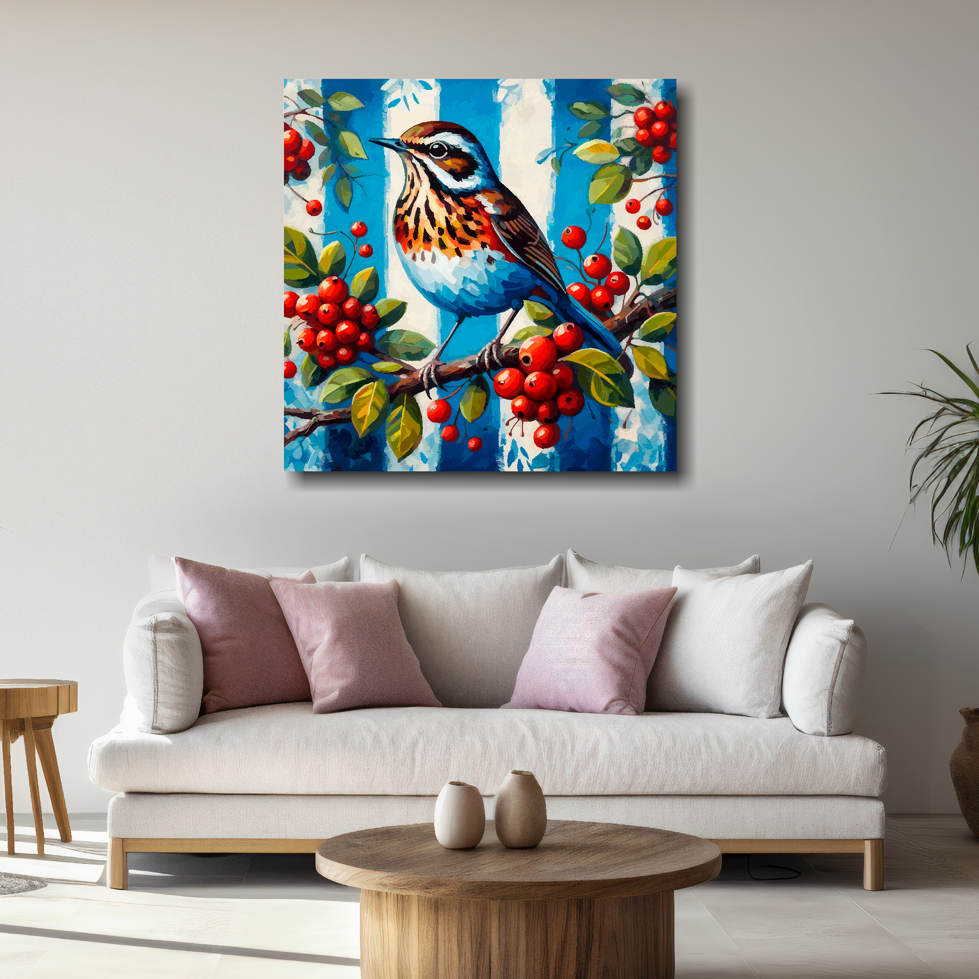 Large canvas wall art - A Throstle bird in blue and white, inspired by West Bromwich Albion F.C. Part of the UK CANVAS sports collection. Available in 3 large sizes.