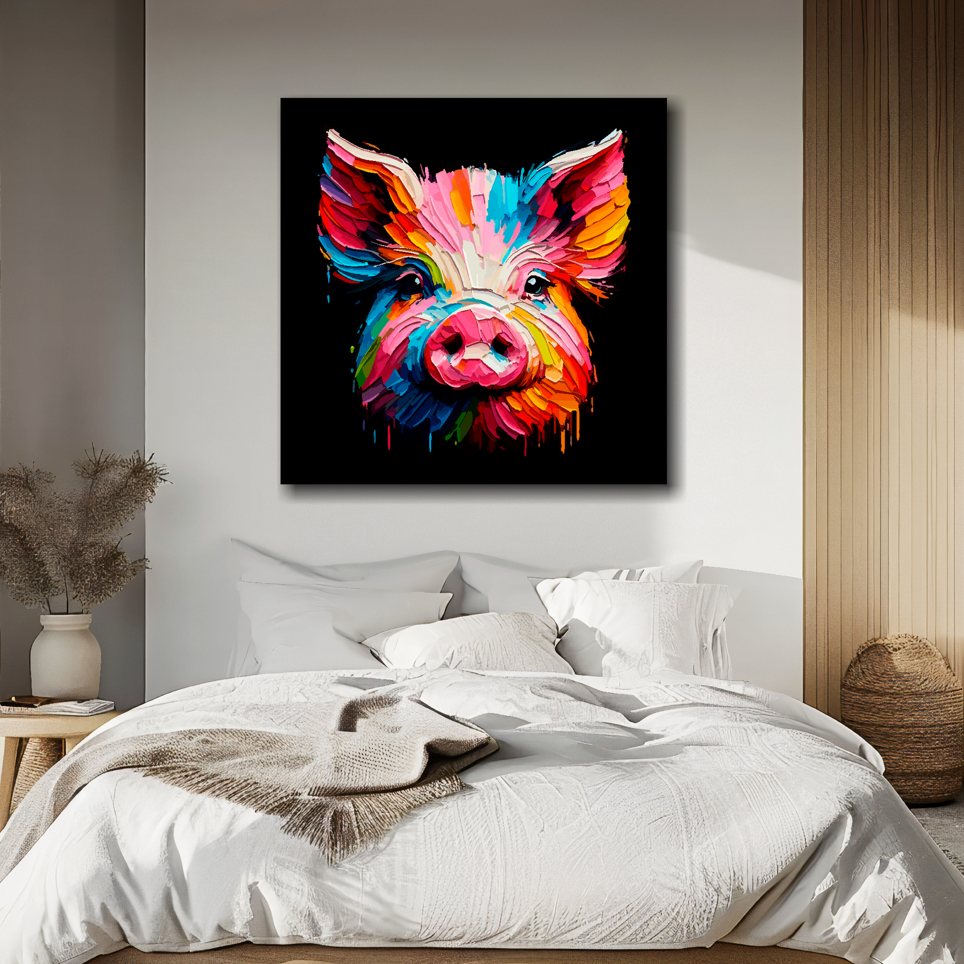 Large canvas print of a vibrant, multi-coloured pig portrait on a black background, available in 3 sizes. 