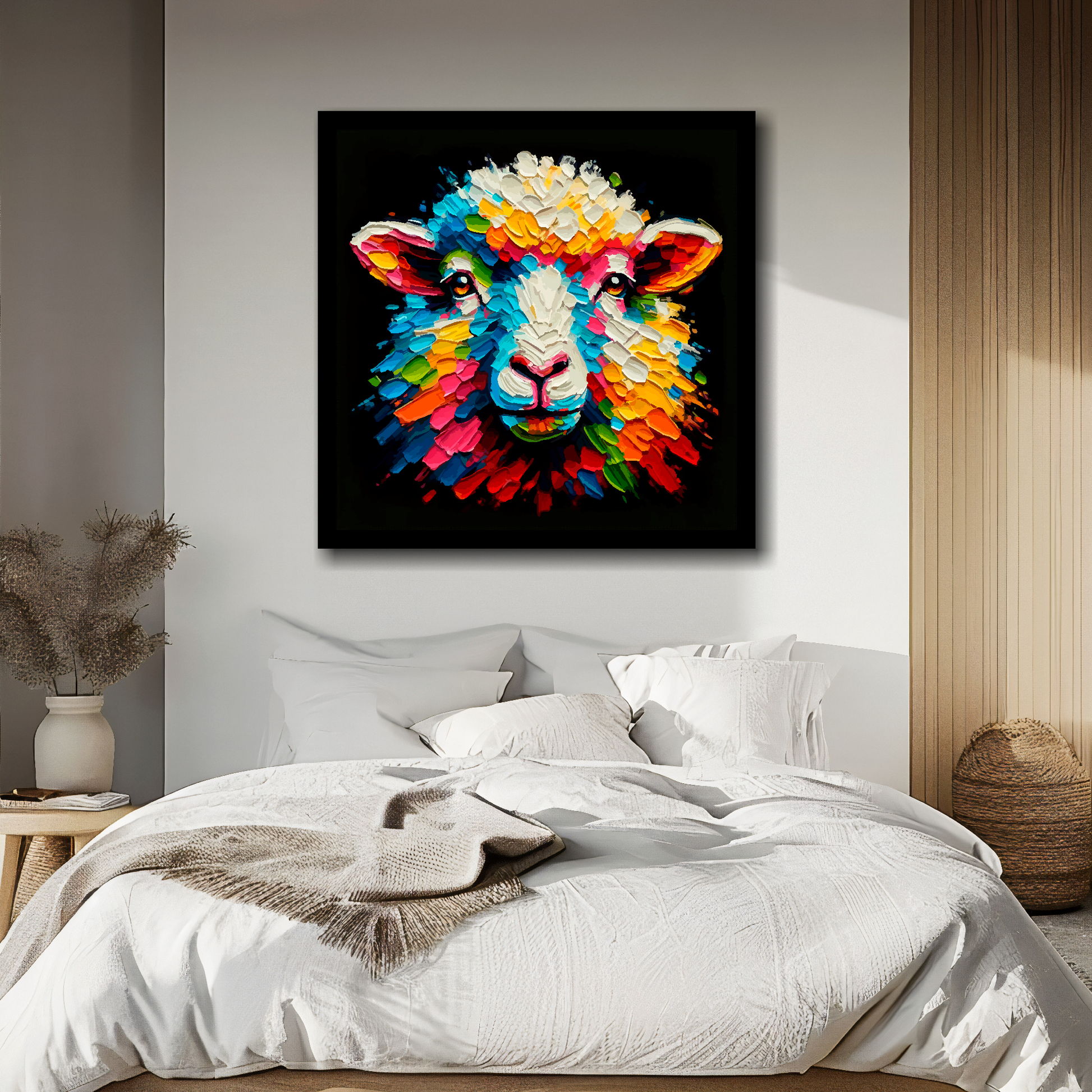 Large canvas wall art - Colourful Sheep portrait on a black background. Available in 3 large sizes.