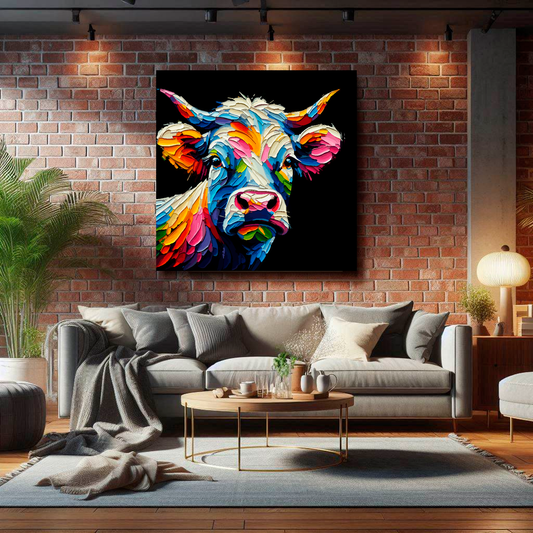 Large Cow canvas on brick wall above grey sofa - bold farm animal portrait UK living room