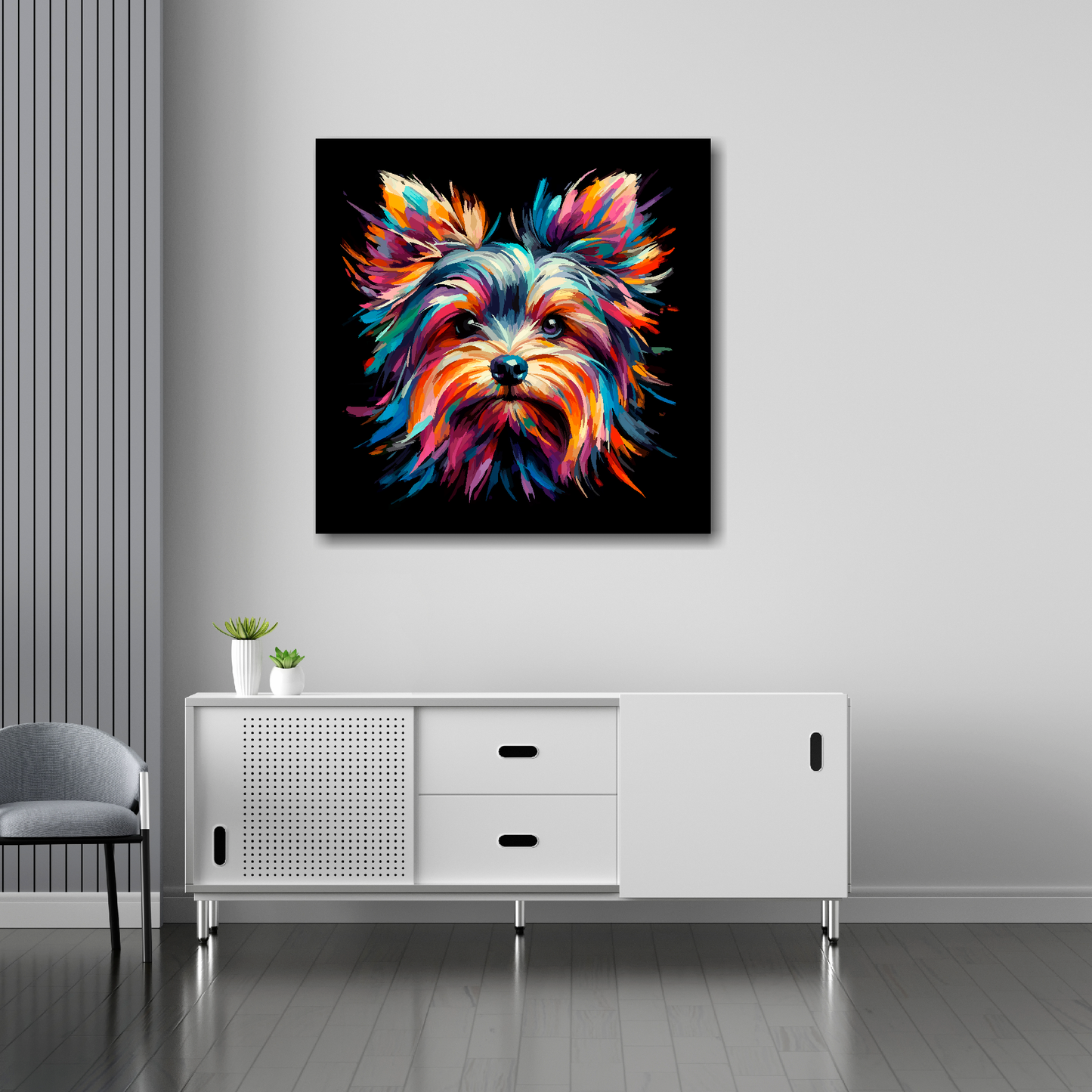 30 inch by 30 inch square canvas of a colourful Yorkshire Terrier head portrait on a black background. Mounted on a white wall above a white sideboard.