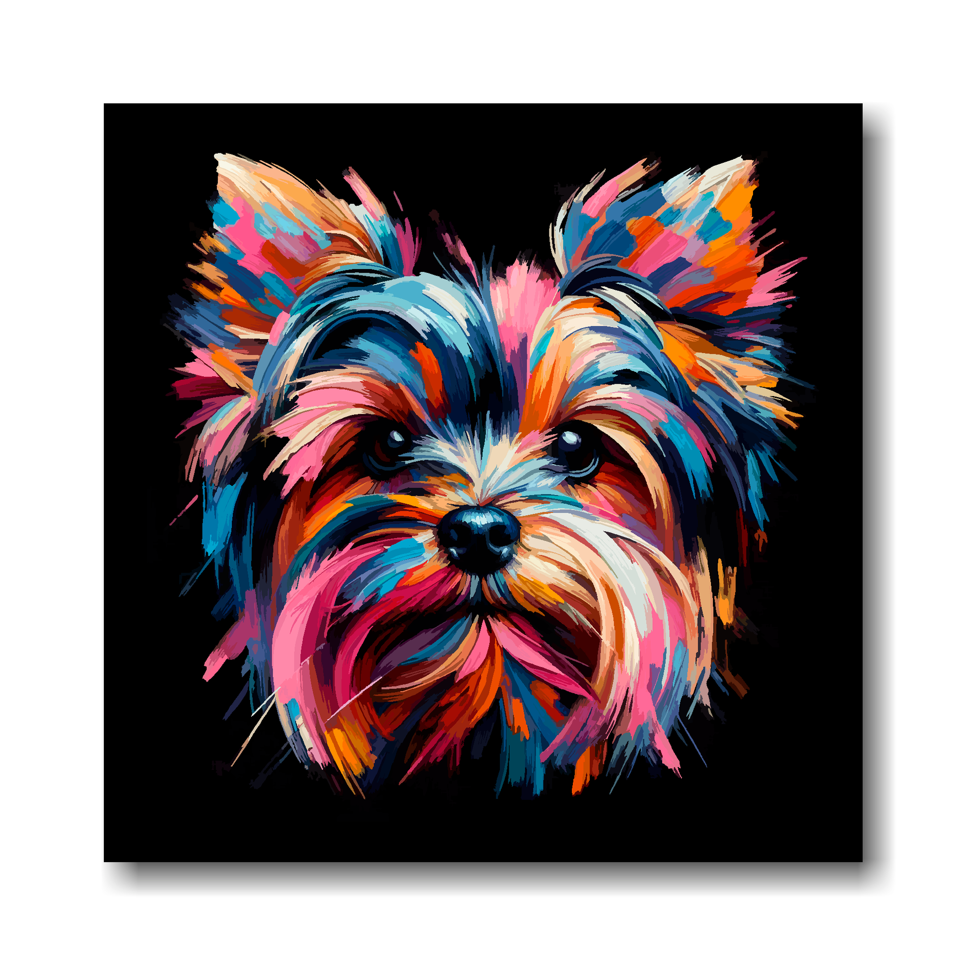 Colourful abstract painting of a Yorkie Russell dog's face on a black background.