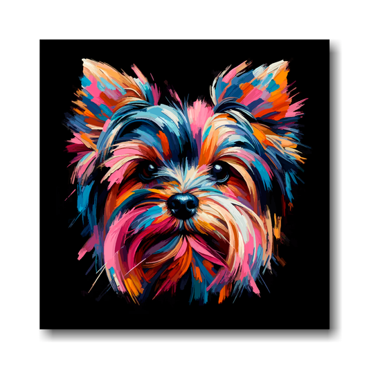Colourful abstract painting of a Yorkie Russell dog's face on a black background.