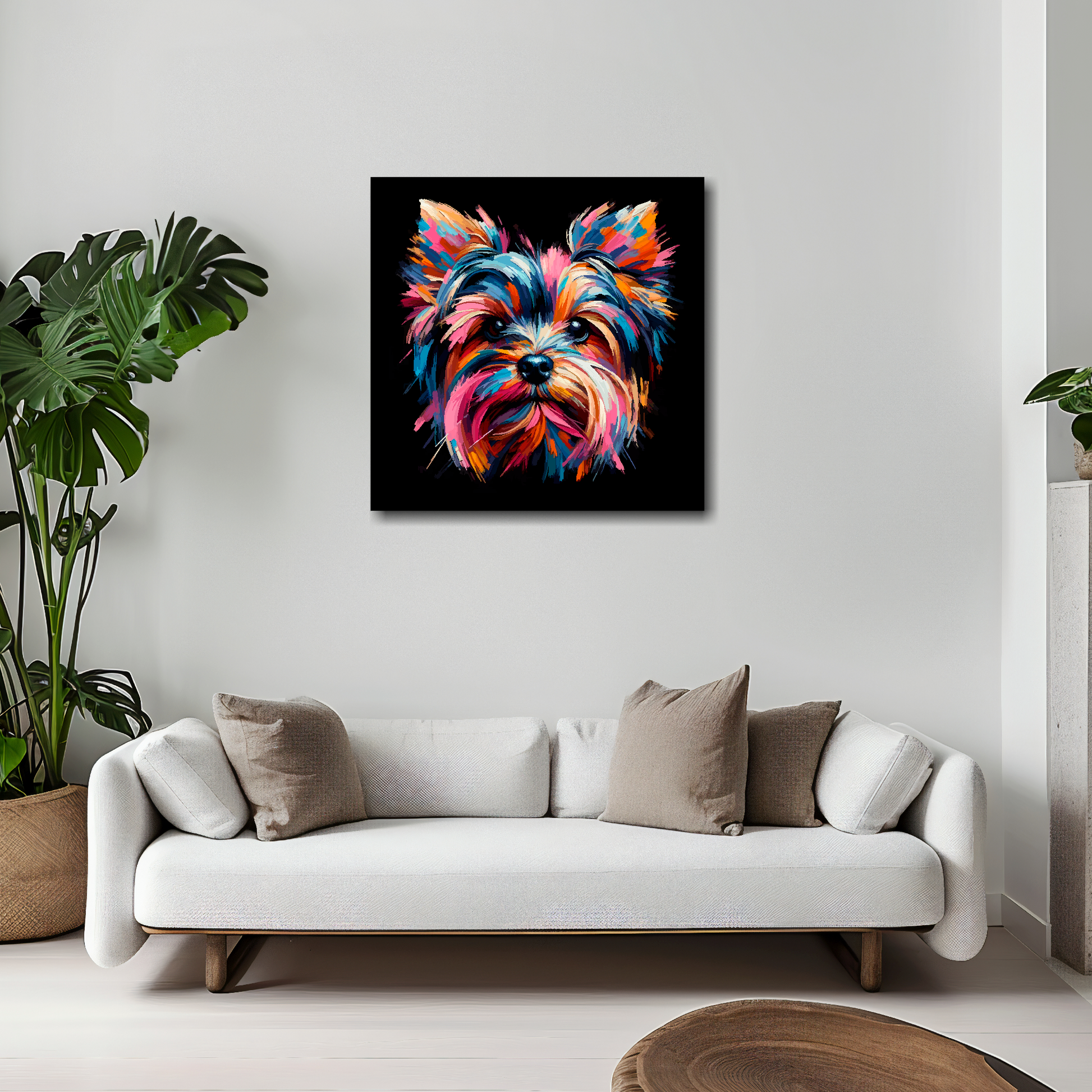 20 inch by 20 inch square canvas featuring a multi-coloured Yorkie Russell dog portrait. Mounted on a white wall above a white sofa with decorative pillows.