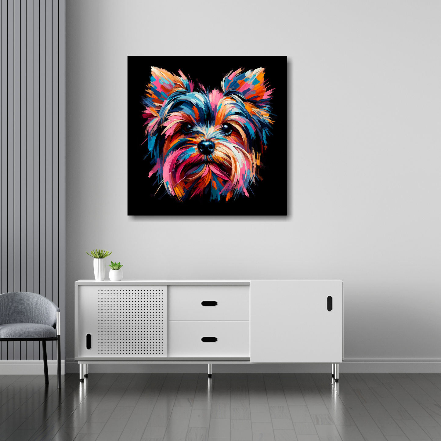 30 inch by 30 inch square canvas featuring a multi-coloured Yorkie Russell dog portrait. Mounted on a white wall above a white sideboard.